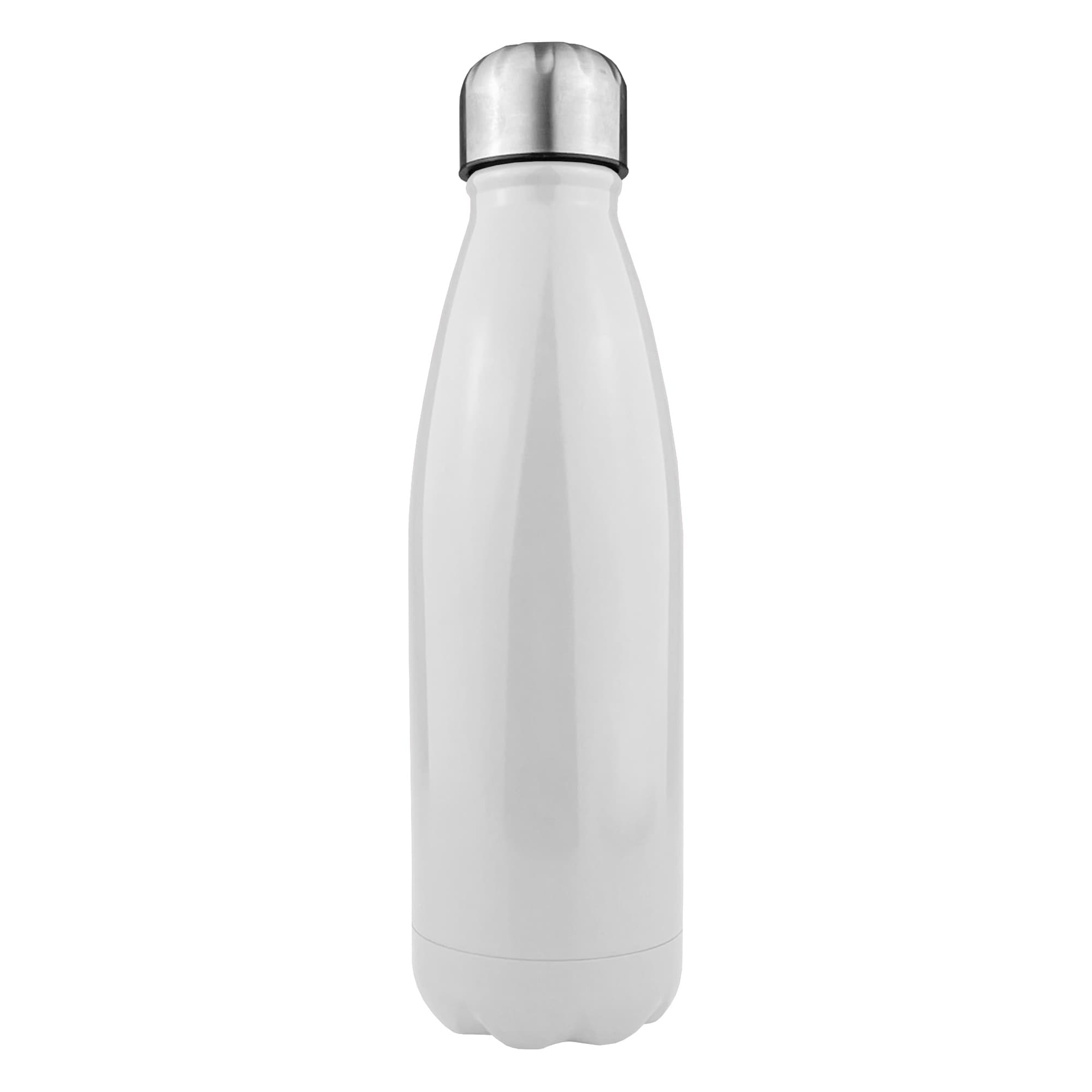 A drink bottle in white stainless steel with a shiny silver cap and a sleek, streamlined design.