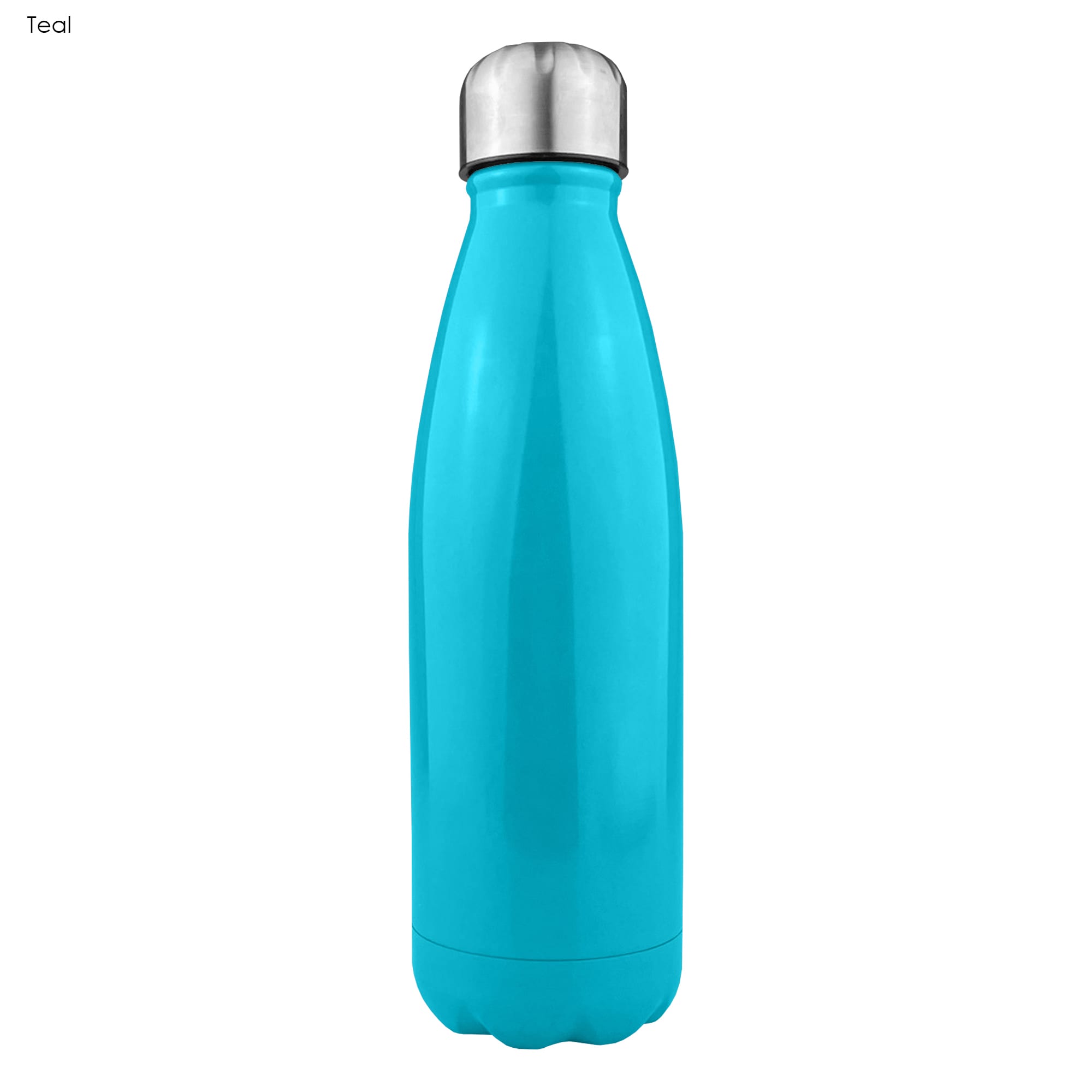 A drink bottle in a shiny teal finish with a stainless steel cap and a smooth, single-wall design.