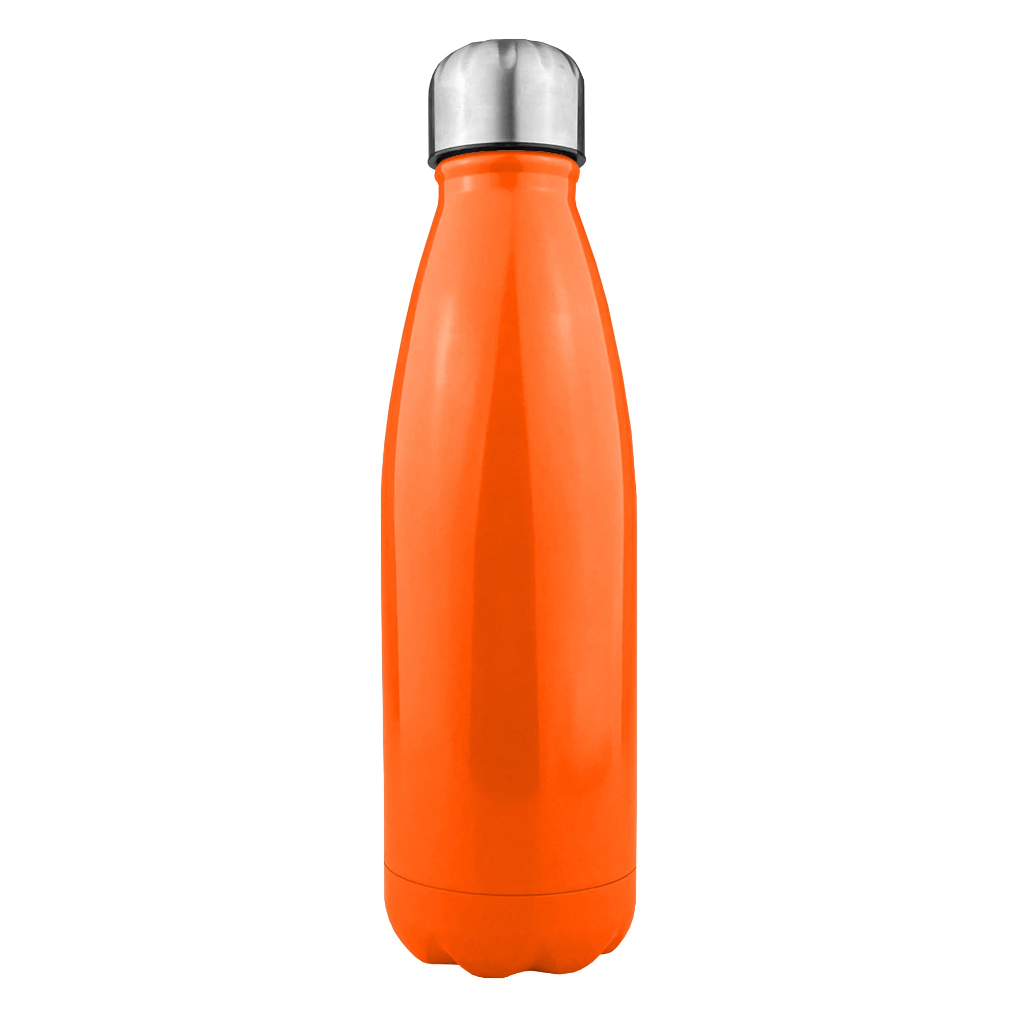 A drink bottle in vibrant orange with a shiny stainless steel cap and a sleek, single-wall design. It features a logo.