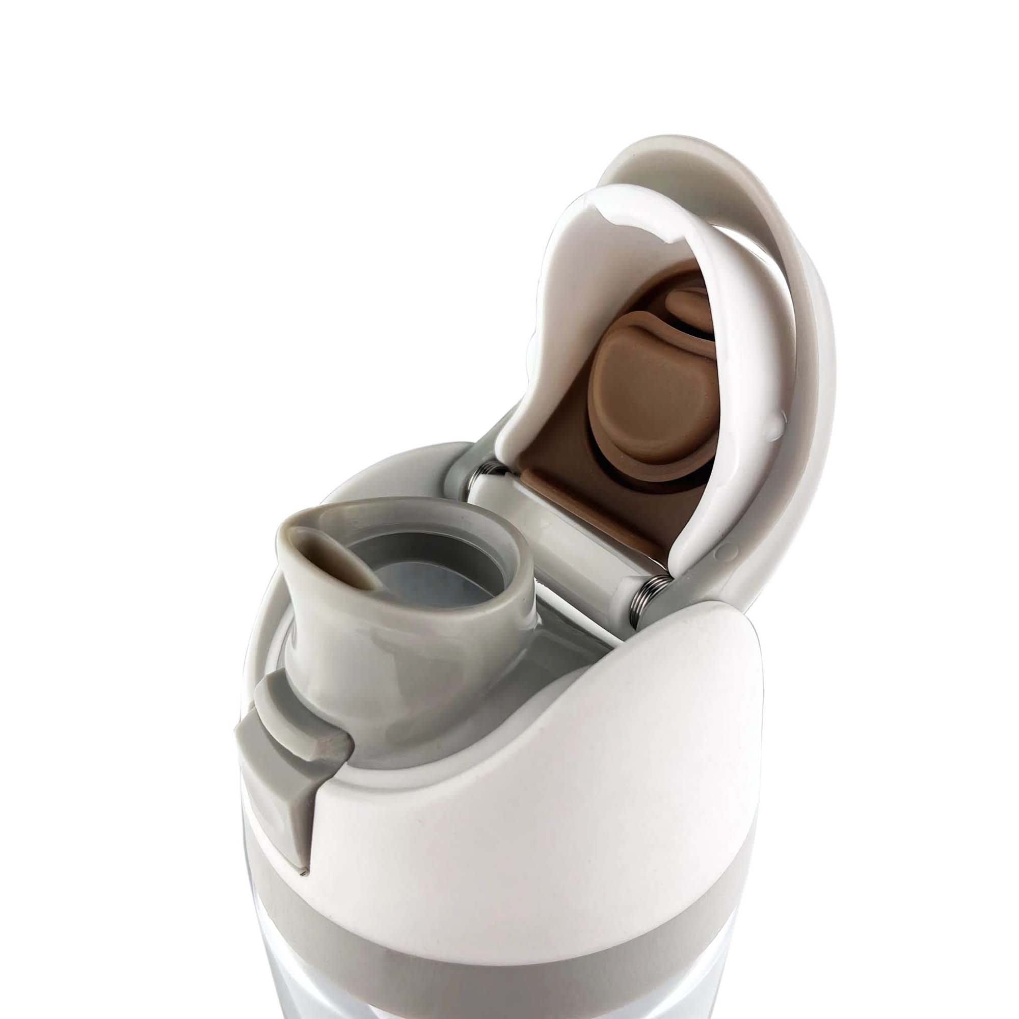 A drink bottle in clear plastic with a grey and white lid, featuring a flip-top spout and a drinking nozzle.