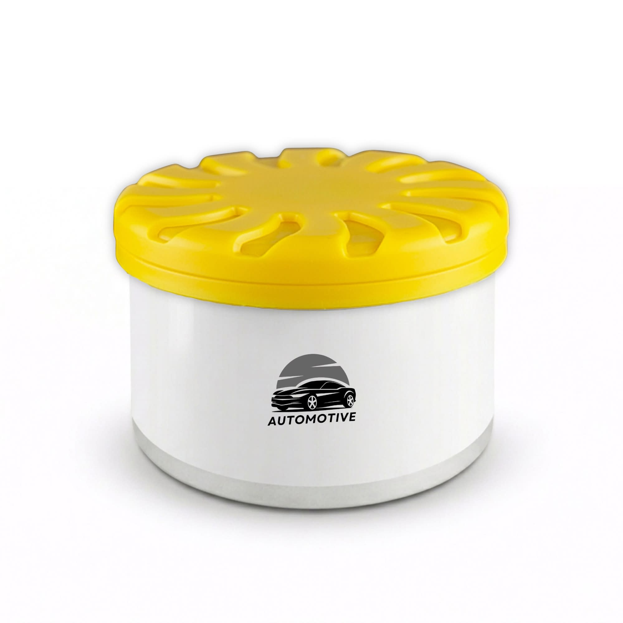 A white air freshener container with a yellow lid, featuring a logo on the front. 