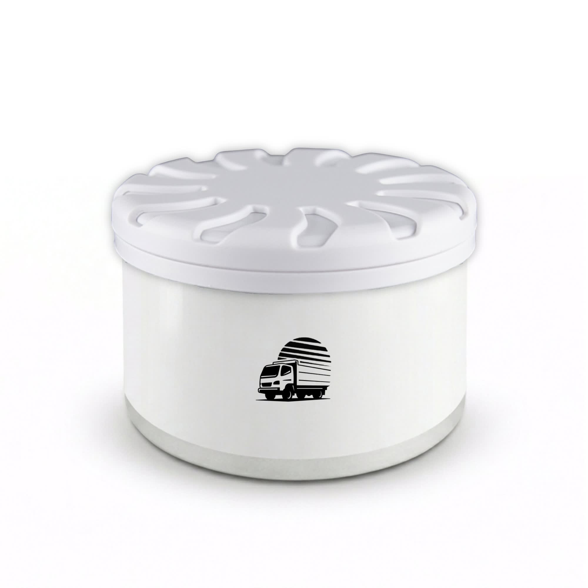 A round white air freshener container with a lid, featuring a simple logo. The base has a clear, light design.