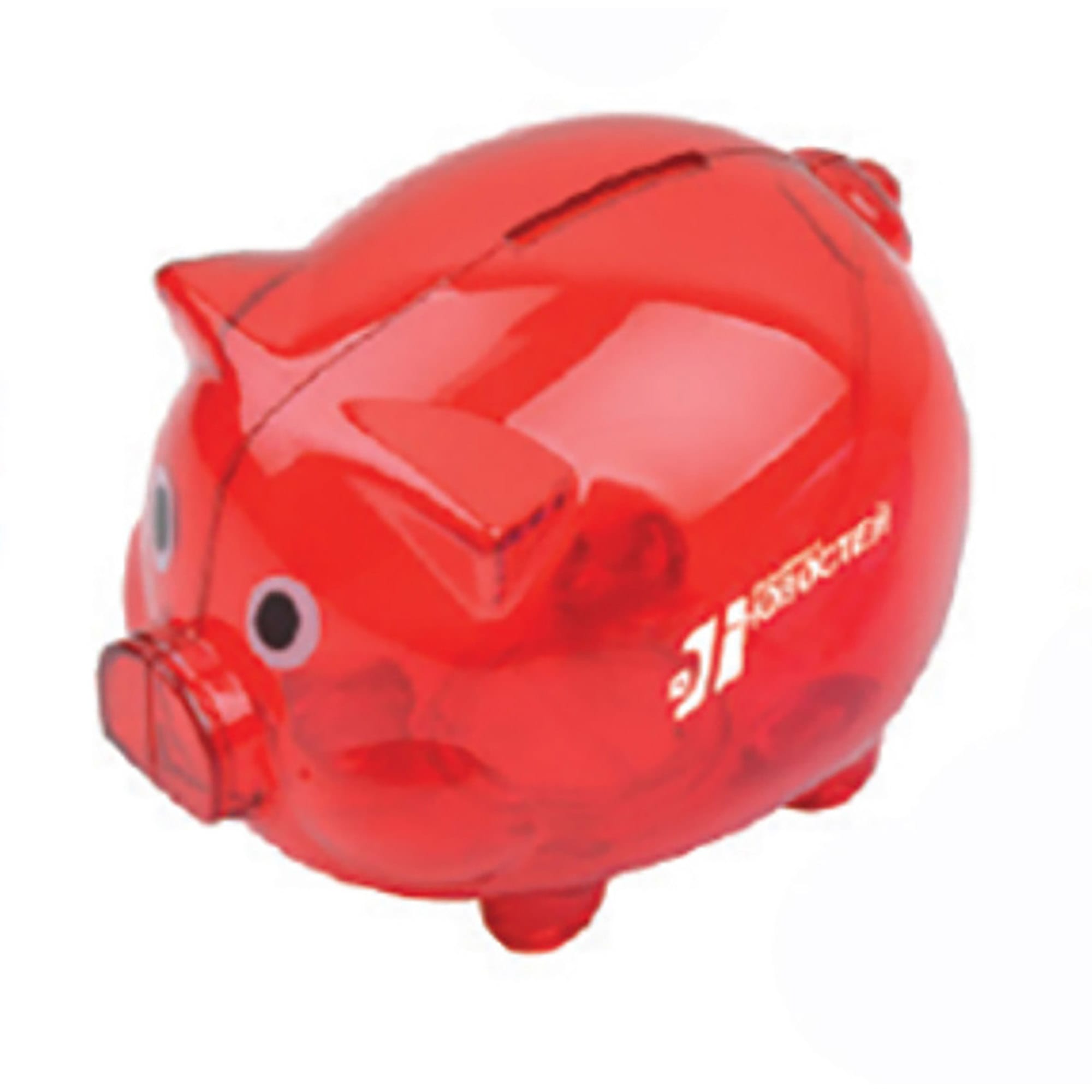 A red pig-shaped coin bank with a slot for coins and a rounded body. It features a branding logo on the side.