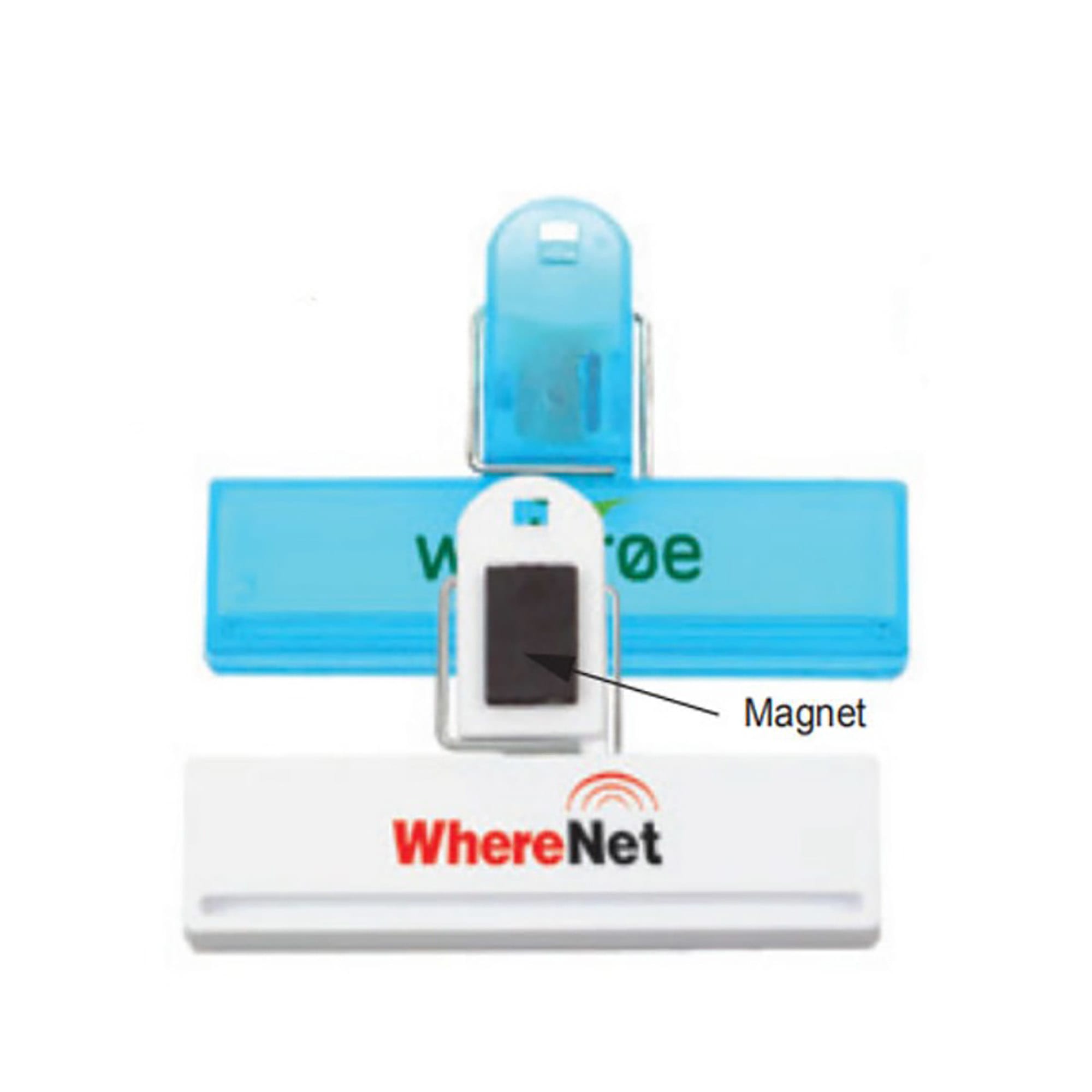 A set of three office clips in blue and white, featuring a magnet on the back and a logo.