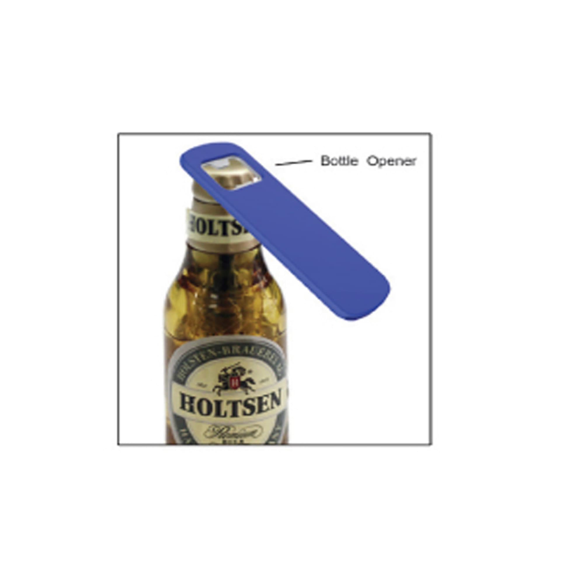 A blue bottle opener rests on the top of a beer bottle, featuring a logo on the bottle.