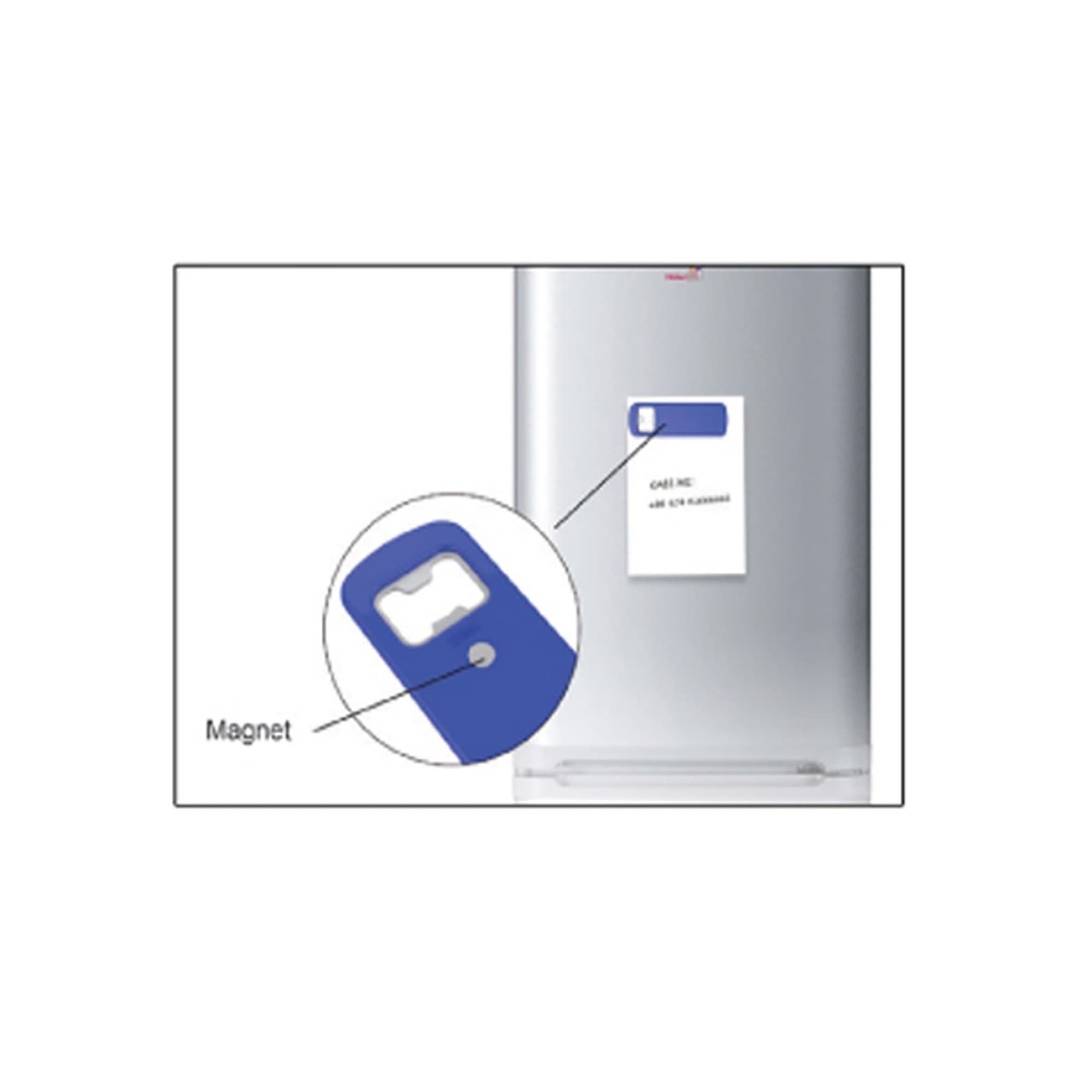 A drink bottle opener with a magnet, featuring a blue plastic design, attached to a silver fridge.