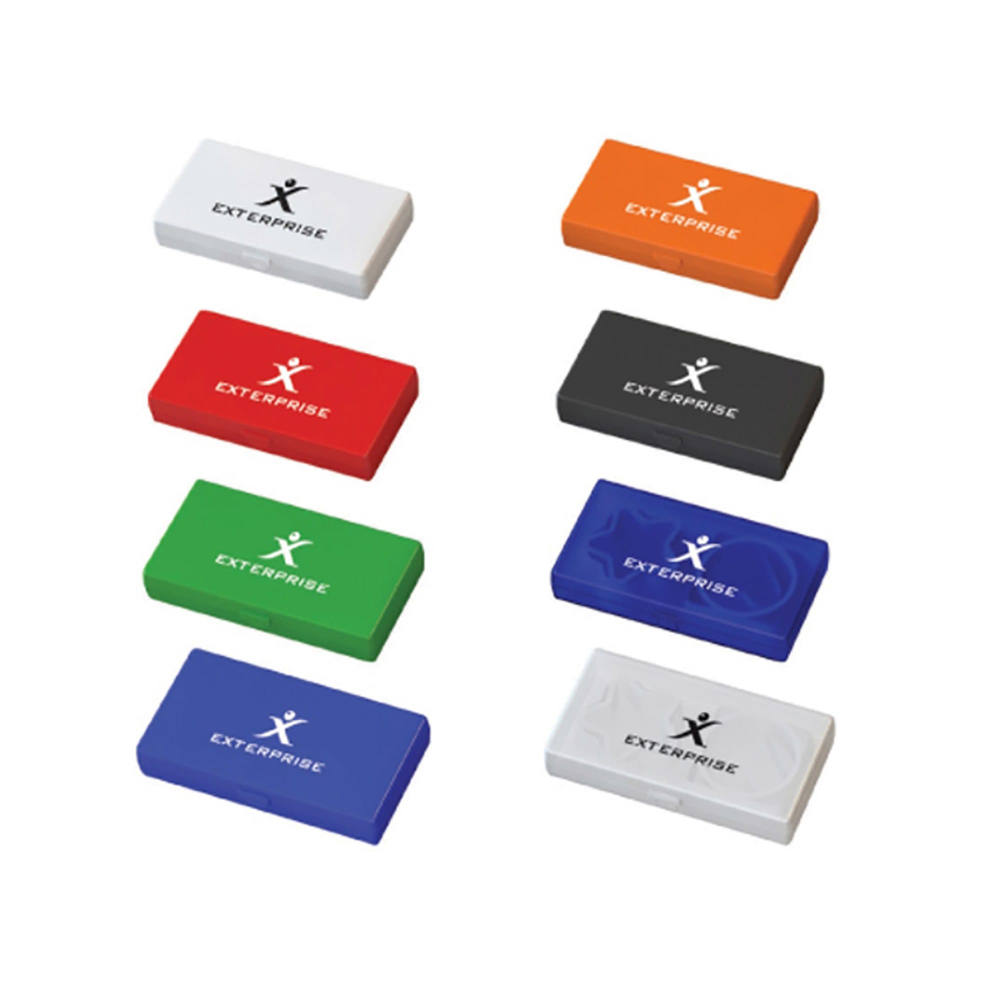 A set of erasers in orange, white, green, black, blue, and red, featuring a logo on each.