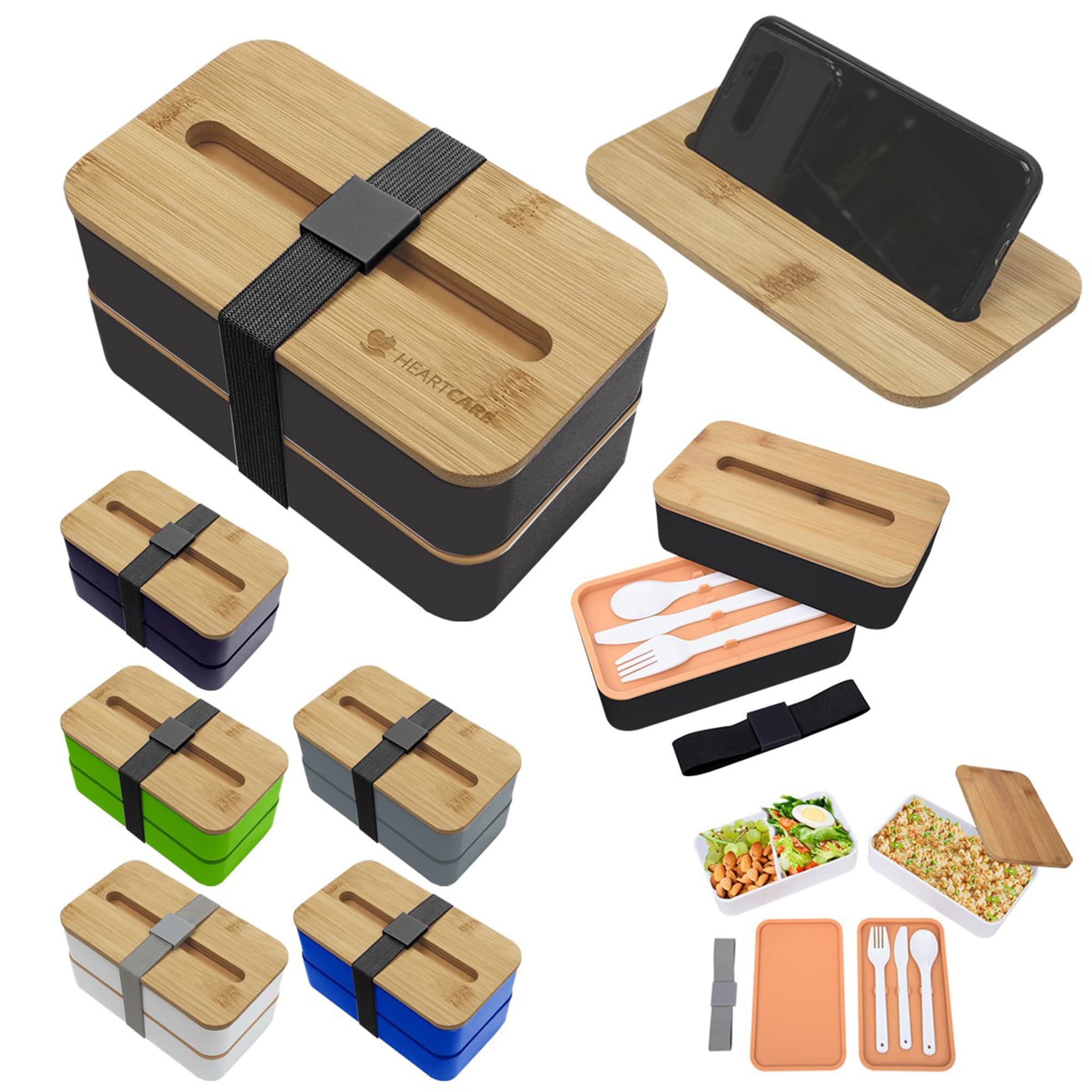 Two Layer Lunch Box With Bamboo Lid And Strap And Mobile Holder