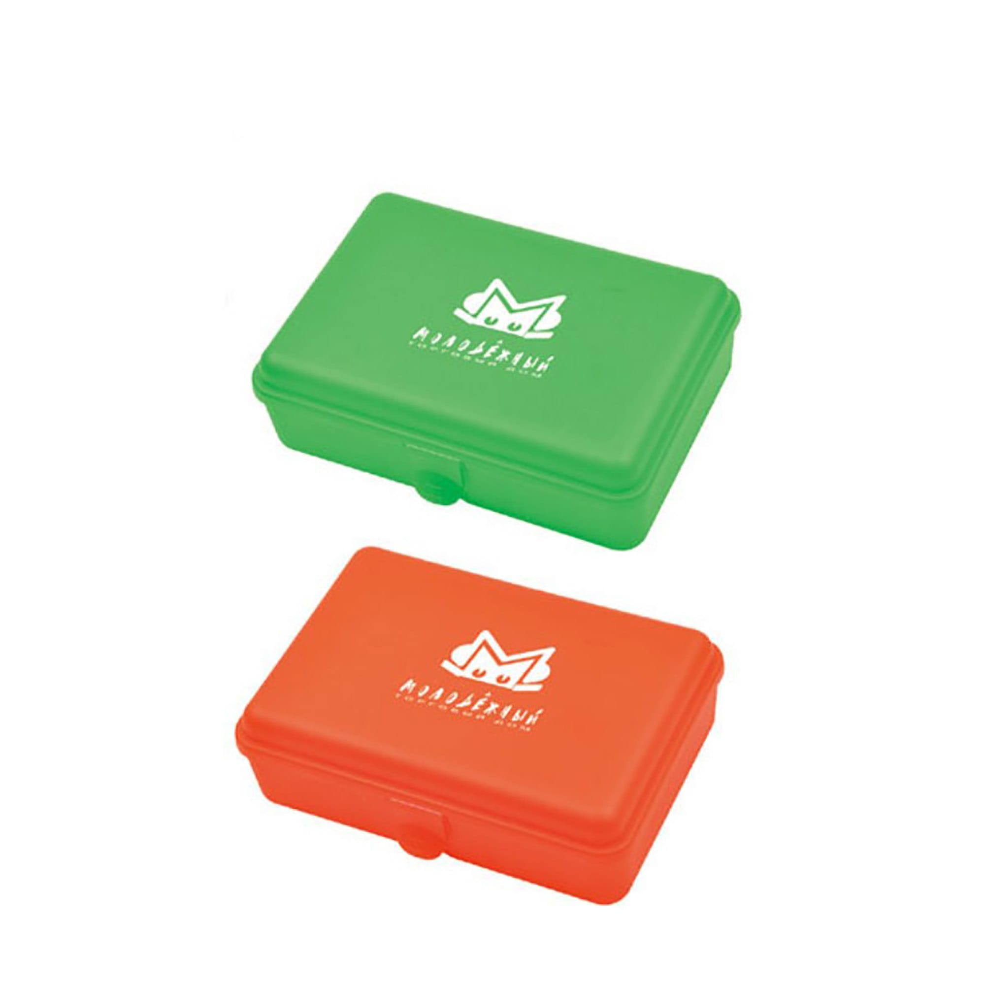 A green and orange three-part lunch box with a logo on the lid. It features a secure closure and compartments.