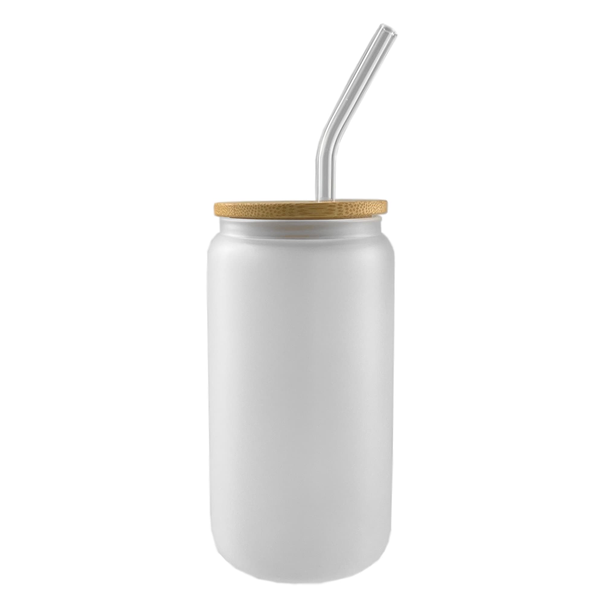 A frosted glass tumbler with a bamboo lid and stainless steel straw, designed for beverages.