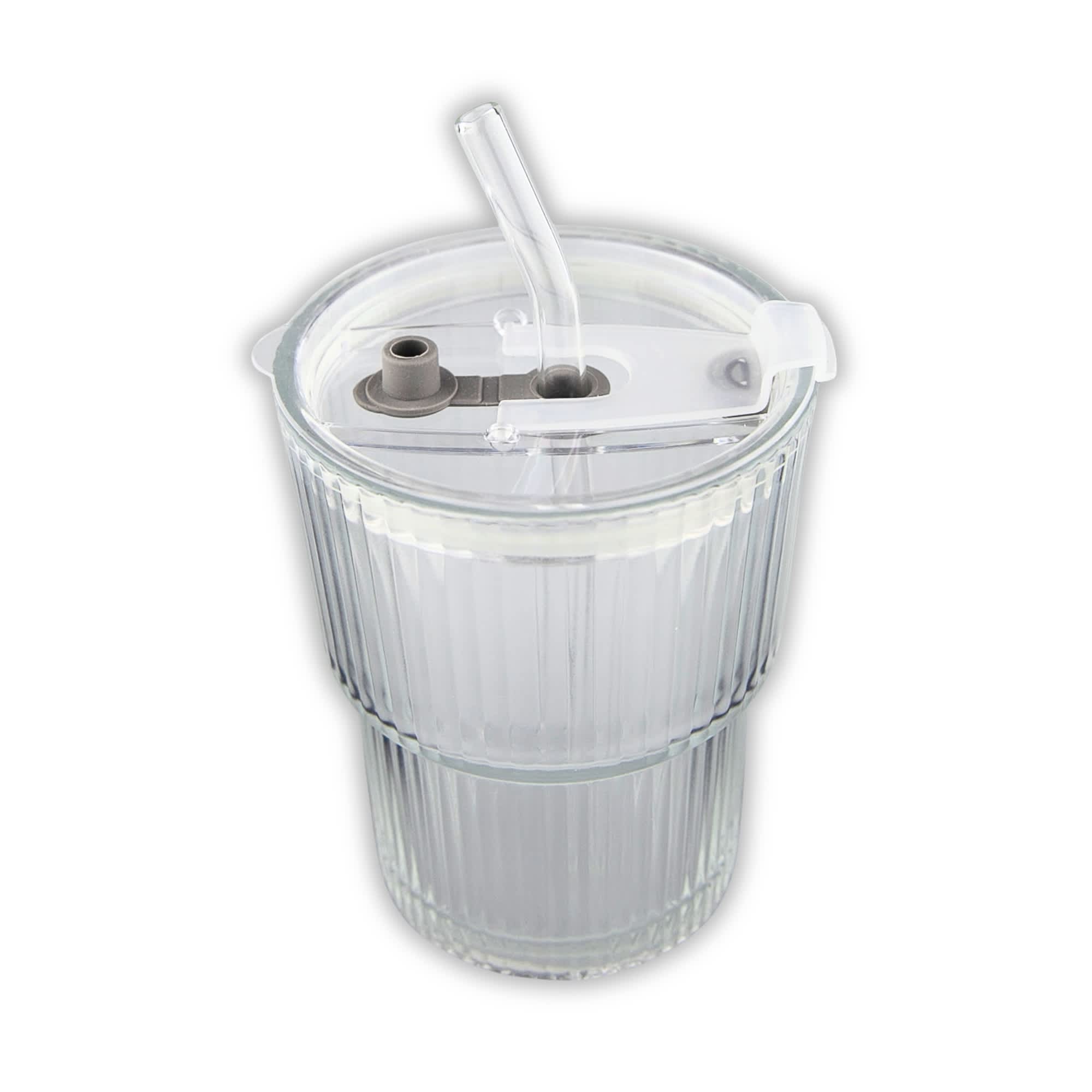 A drink cup featuring a clear, ribbed design with a grey drinking straw and a spill-proof lid.