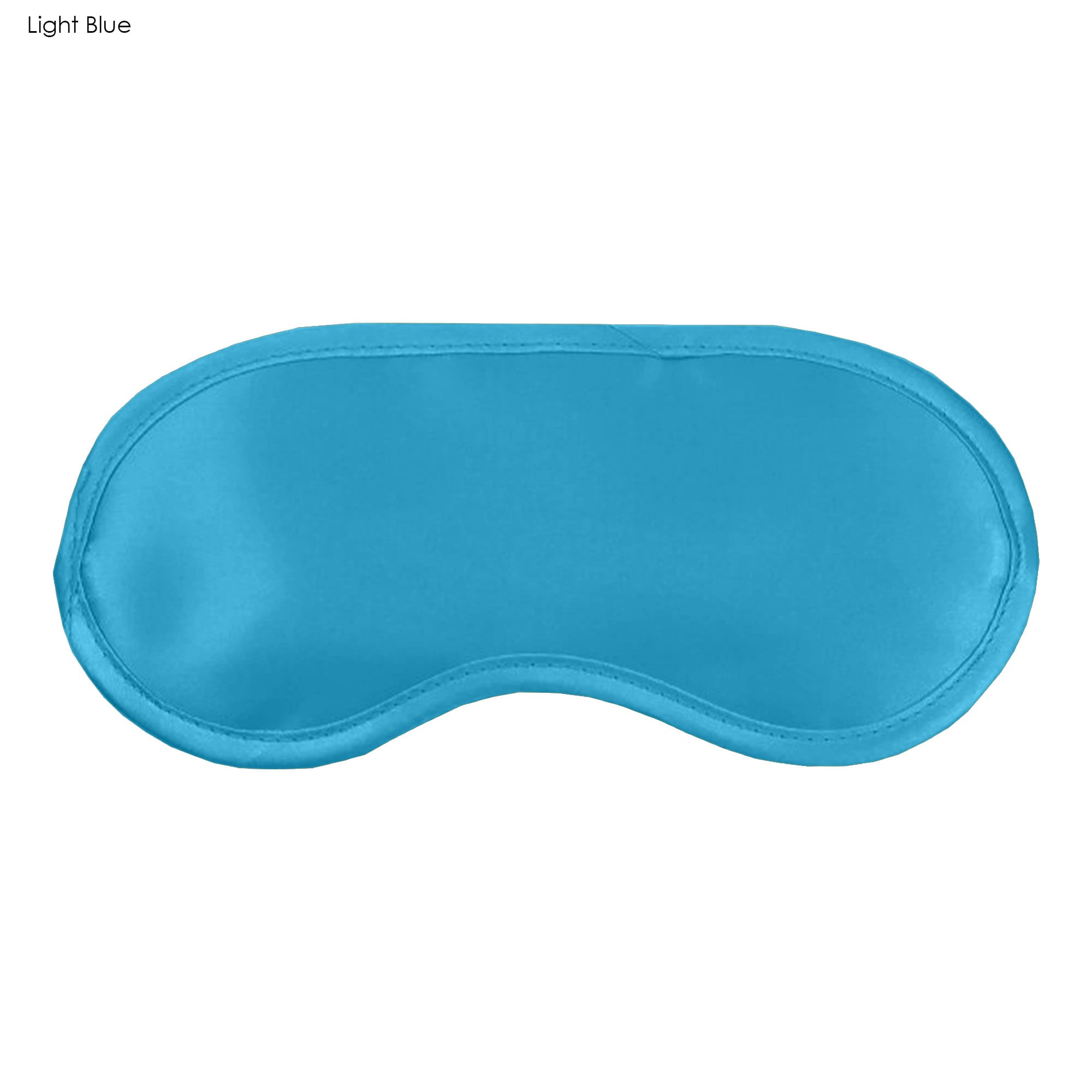 A light blue satin sleep eye mask with a smooth finish and curved design. It features a logo.