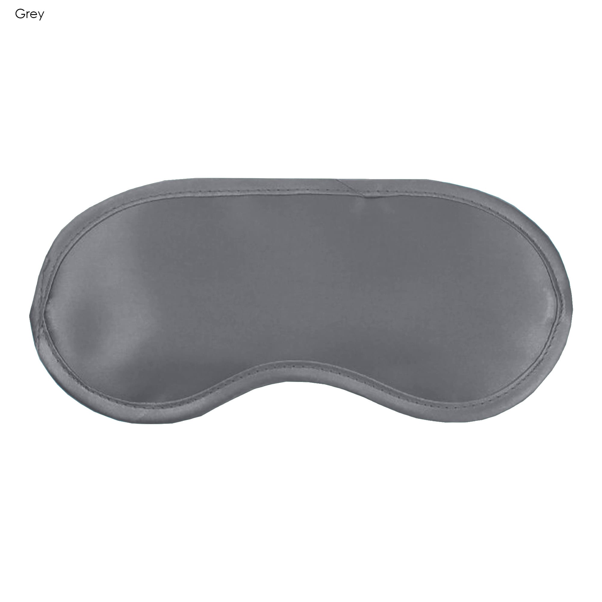 A grey satin sleep eye mask with a smooth surface and curved shape, featuring a logo on the side.