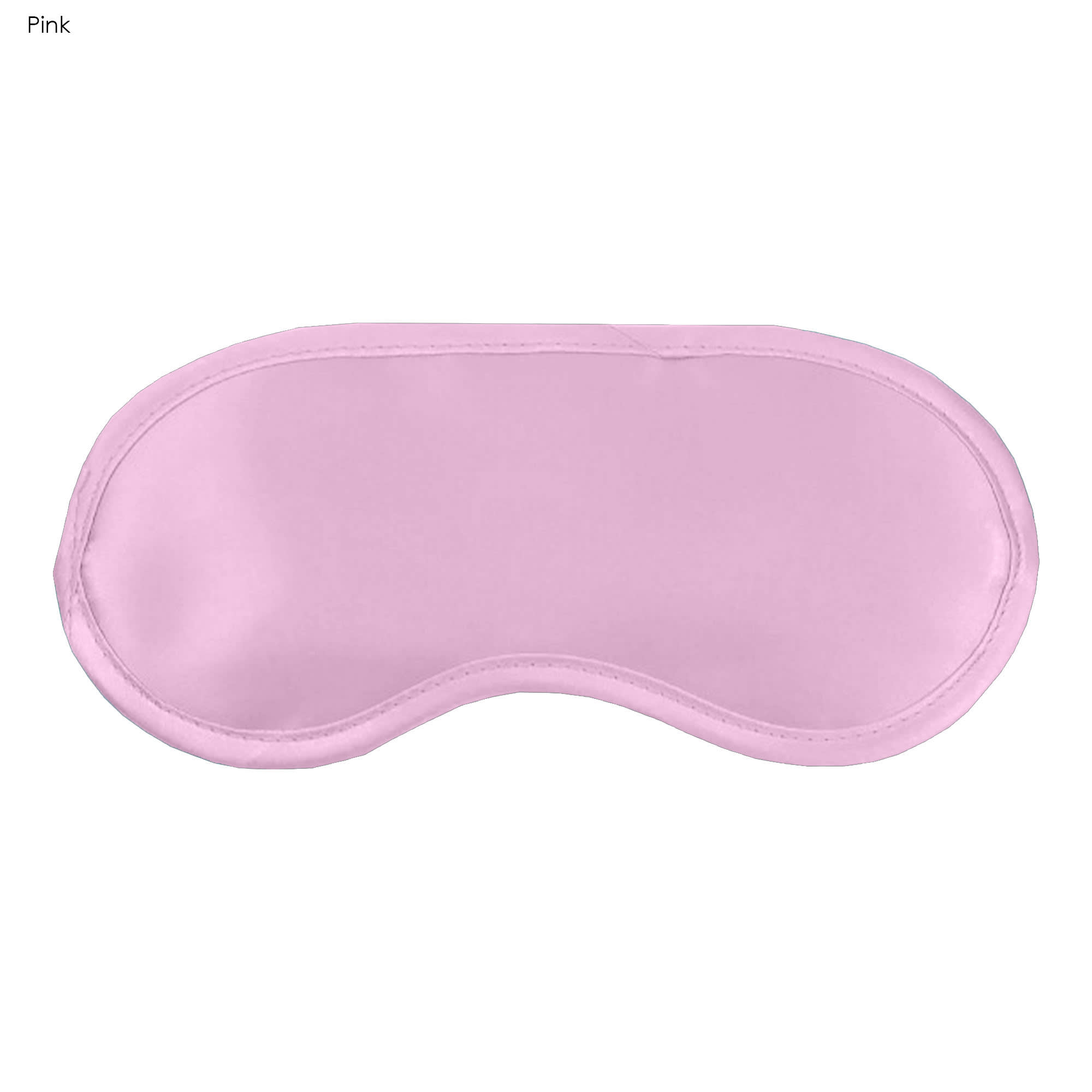 A pink satin sleep eye mask with a smooth surface and curved design. It features a logo on one side.