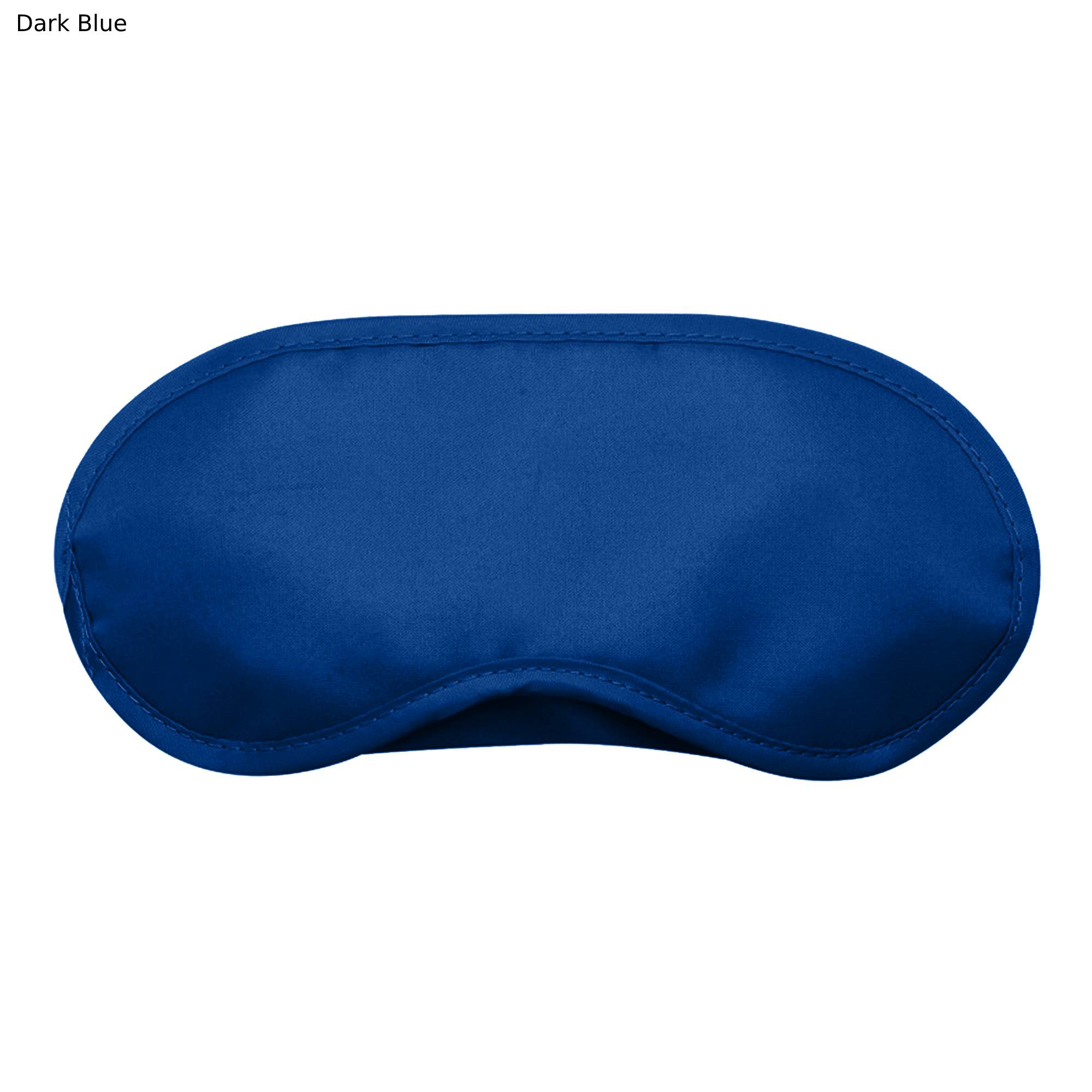 A dark blue eye mask designed for sleep, featuring a smooth fabric and a logo.