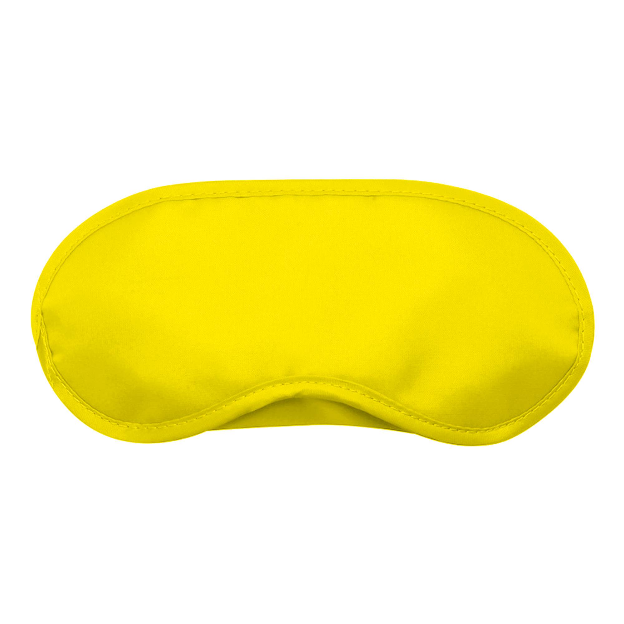 A bright yellow sleep eye mask with a smooth texture and a simplistic design. It features a logo on the surface.