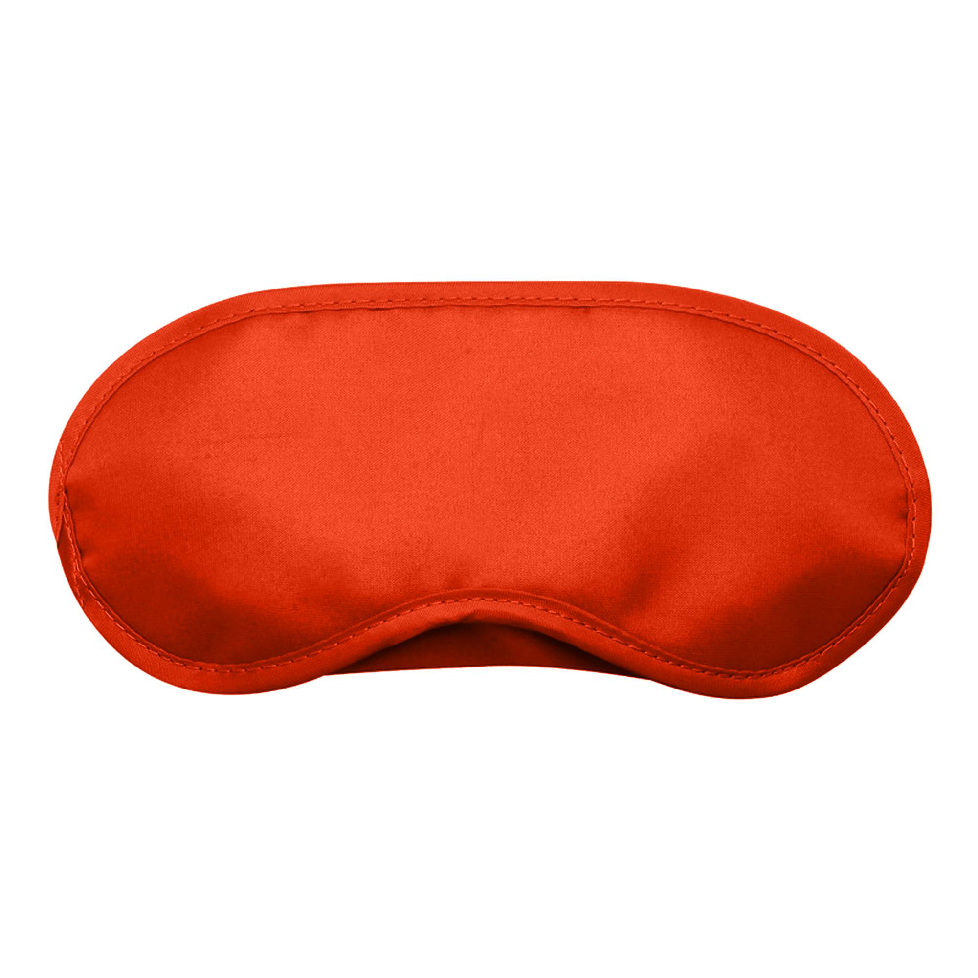 An orange sleep eye mask with a smooth texture and a contoured shape. It has a logo on it.