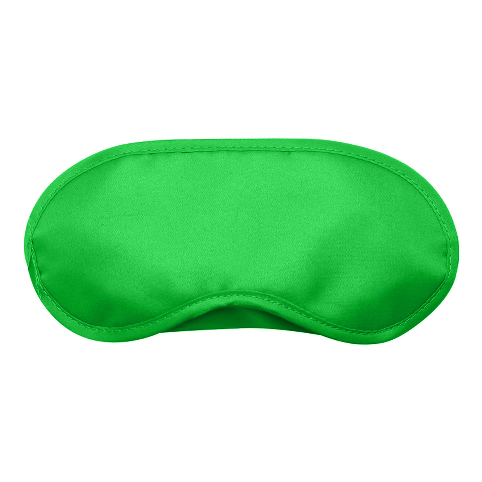 A green sleep eye mask with a smooth surface and contoured shape. It features a logo on one side.