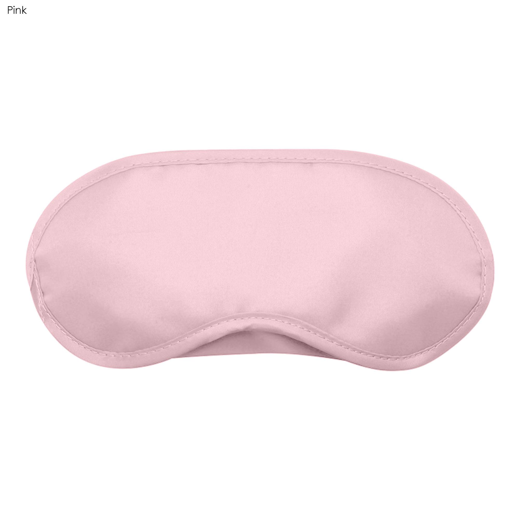 A pink sleep eye mask with a smooth surface and contoured shape, featuring a logo.