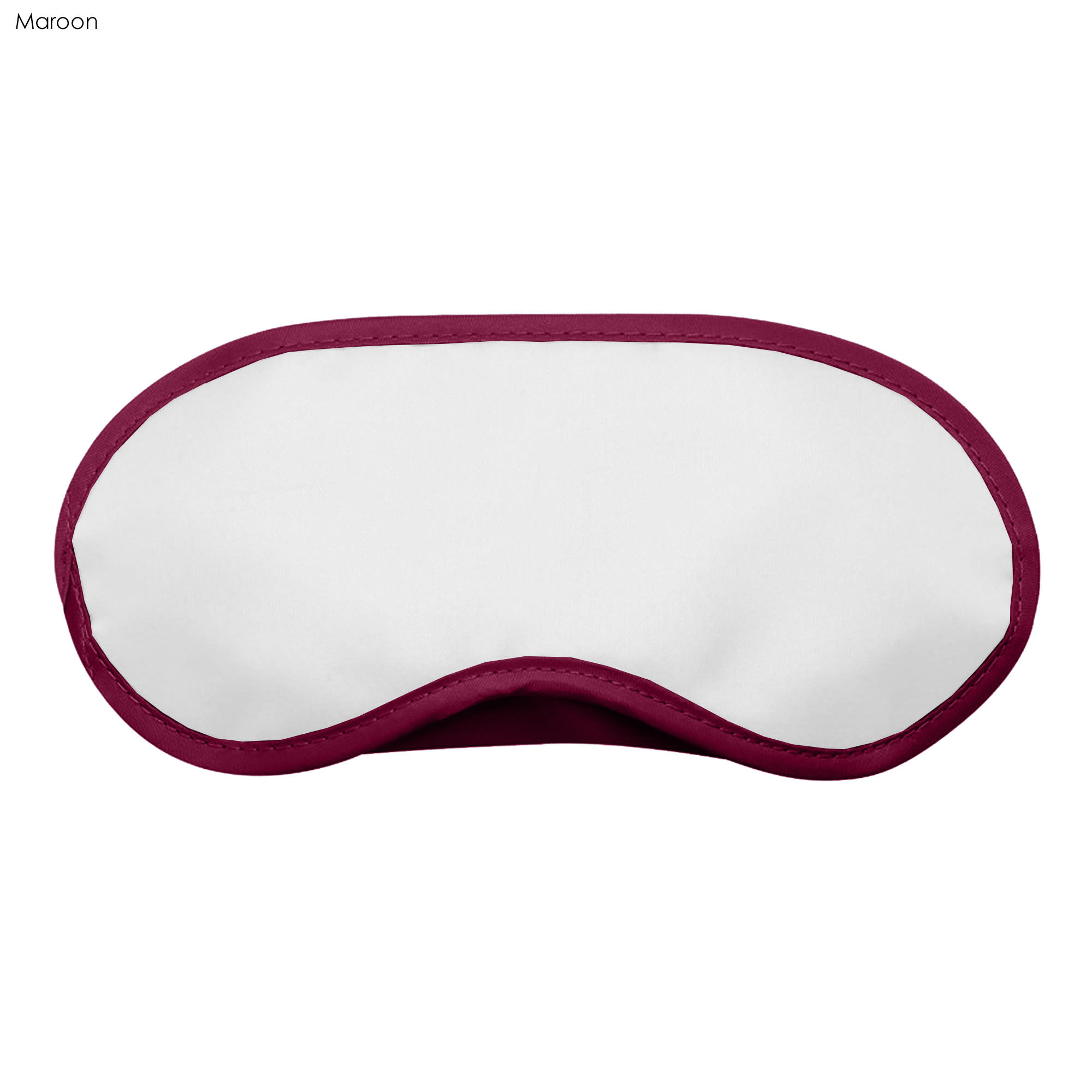 A maroon sleep eye mask with a white front surface and a contoured shape. It features a logo on one side.