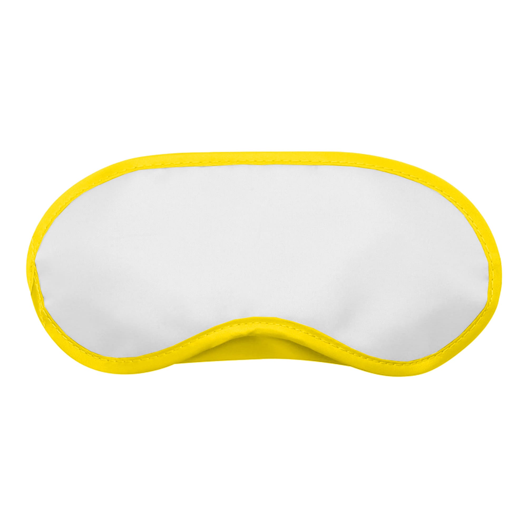 A sleep eye mask in white with a bright yellow trim, featuring a logo on one side.