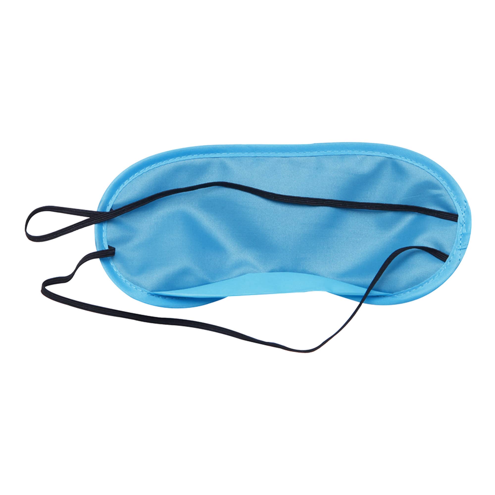 A blue eye mask with black elastic straps, designed for sleep and relaxation, featuring a smooth fabric texture.