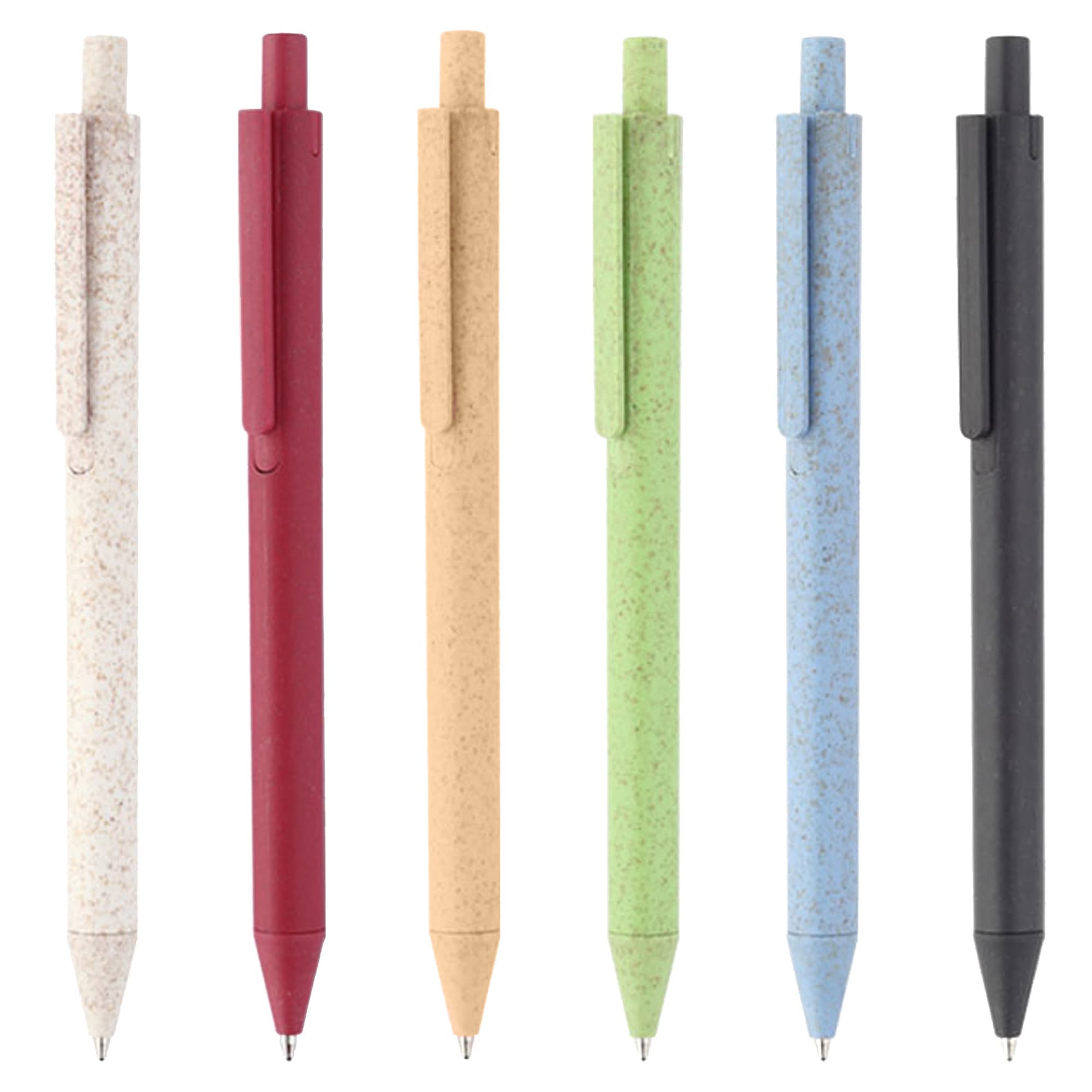 A set of six eco-friendly pens in white, red, beige, green, blue, and black, featuring various colours and a logo.
