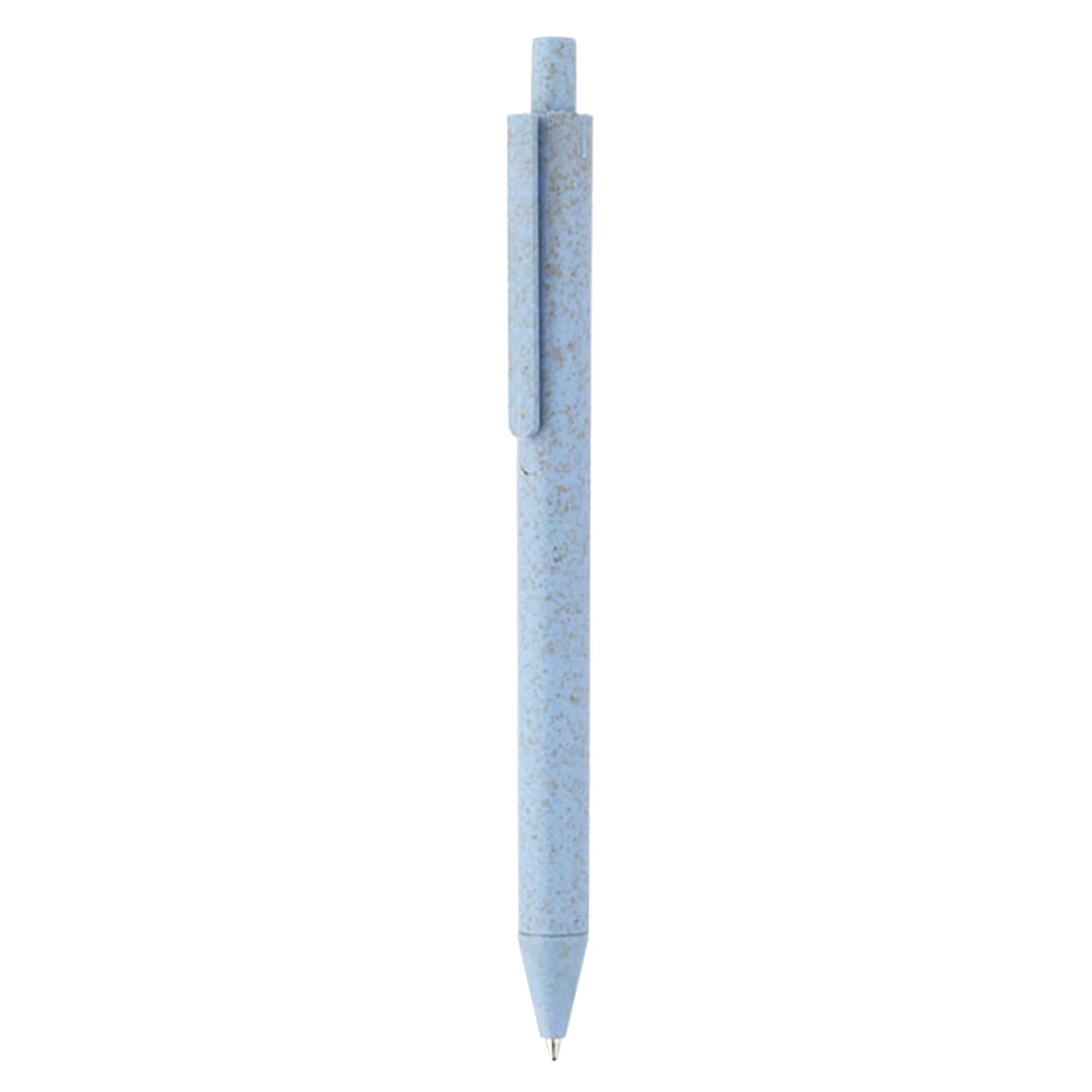 A light blue eco-friendly plastic pen with a clip and a logo. Designed for writing and promotional use.
