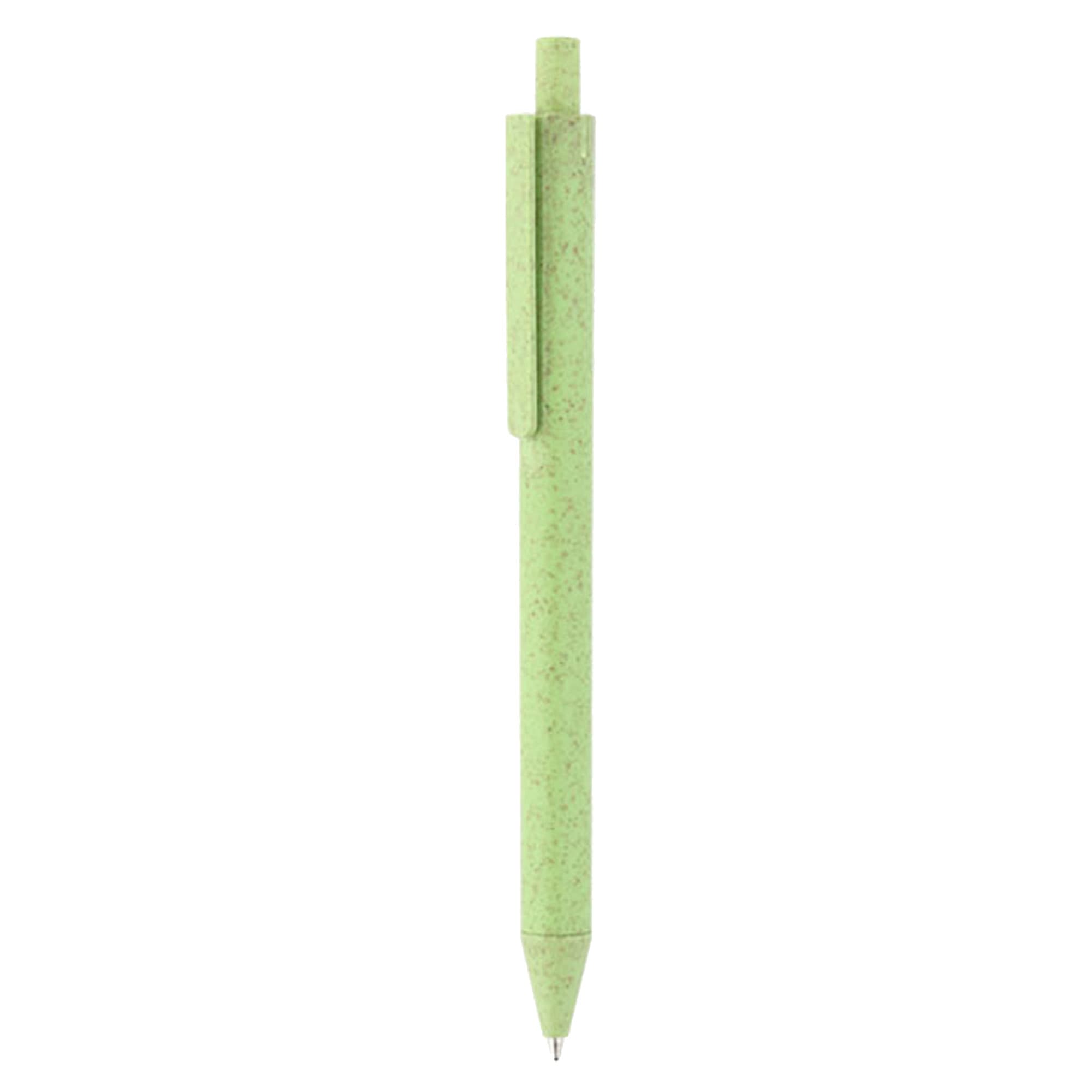 A green eco-friendly plastic pen with a clip and topped with a push-button mechanism. It features a branding logo.