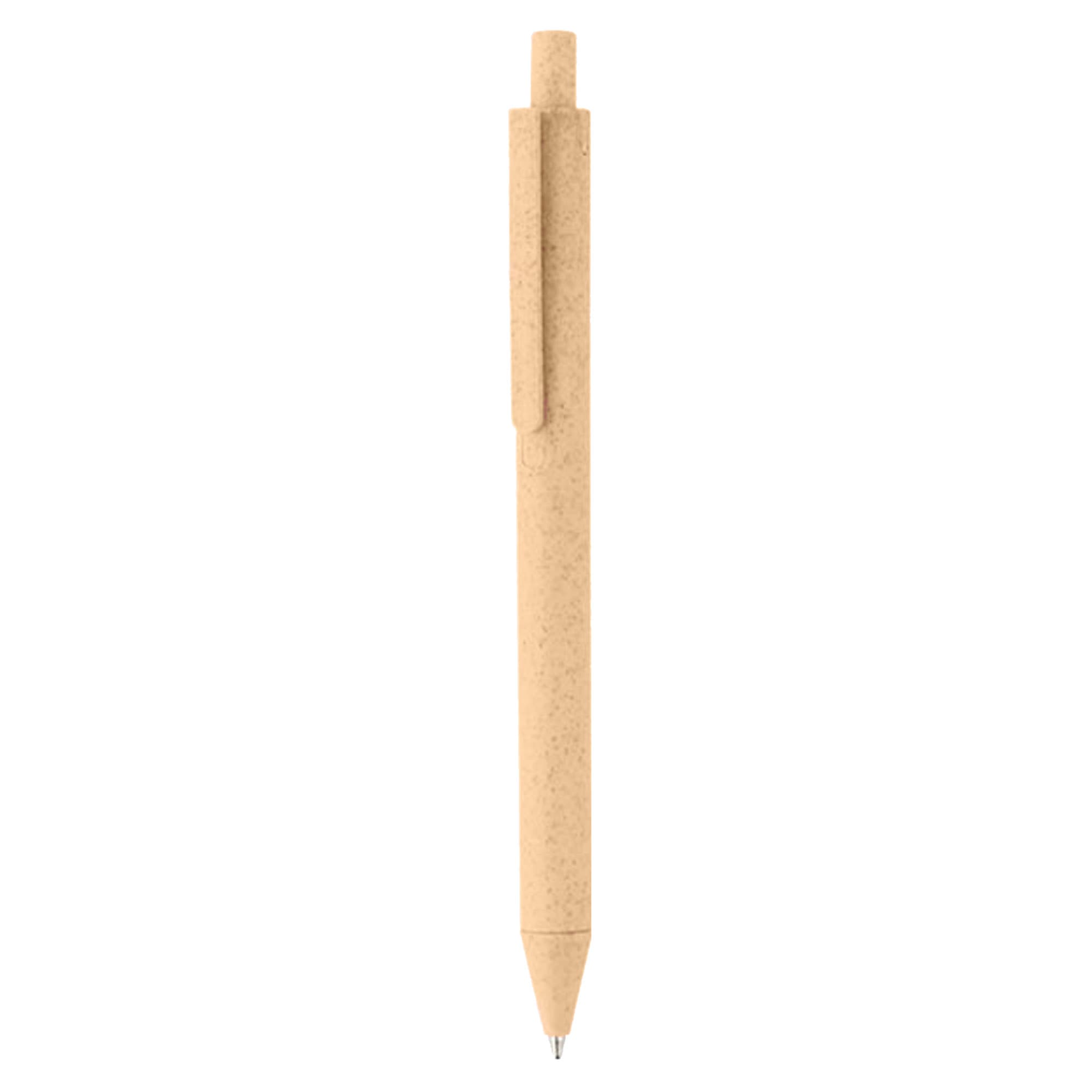 A natural-coloured pen with a clip, made from eco-friendly materials, featuring a logo on its body.