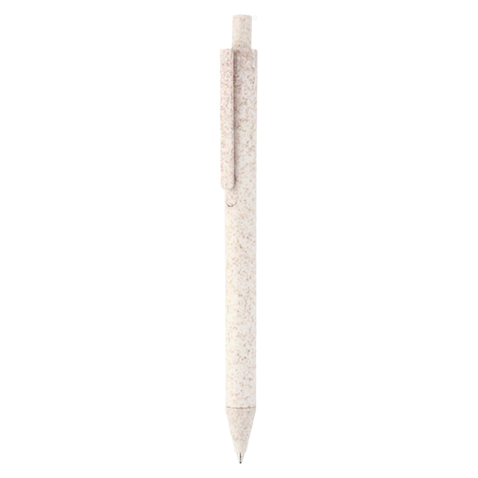 A white eco-friendly plastic pen with a clip. The pen has a textured finish and features a branding logo.