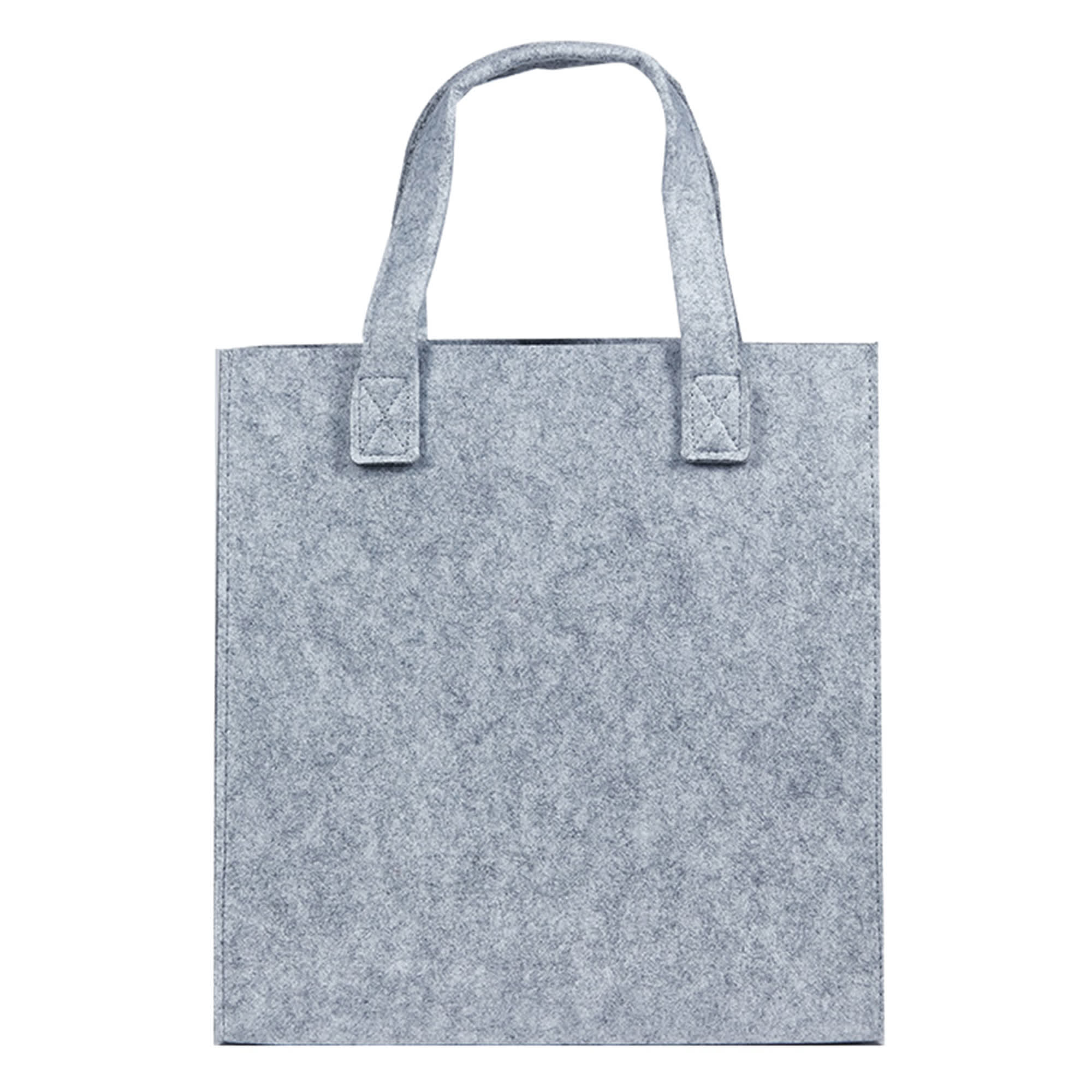 A grey felt tote bag with sturdy handles, featuring a simple design and a branded logo.