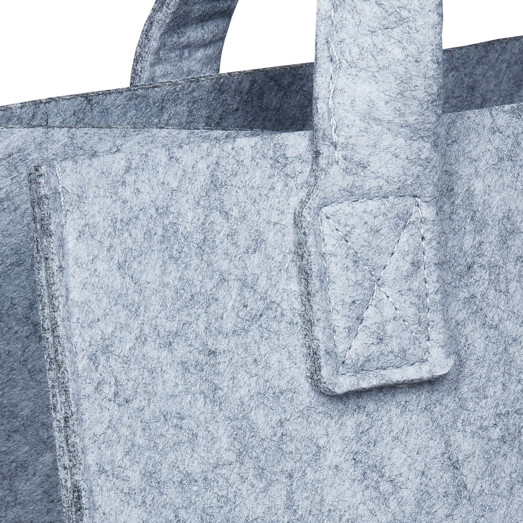 A grey felt tote bag featuring sturdy handles and a simple design with visible stitching details.