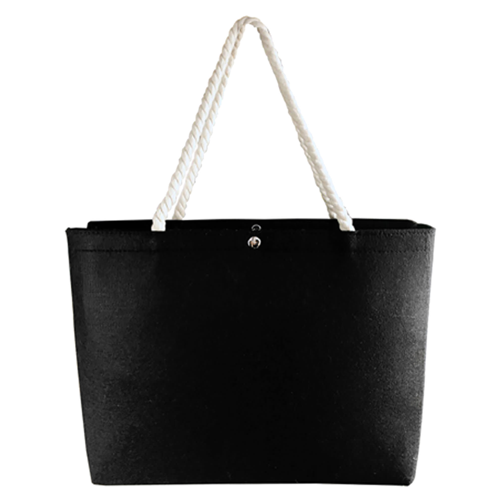 A black tote bag with white rope handles and a button closure. It has a minimalist design.