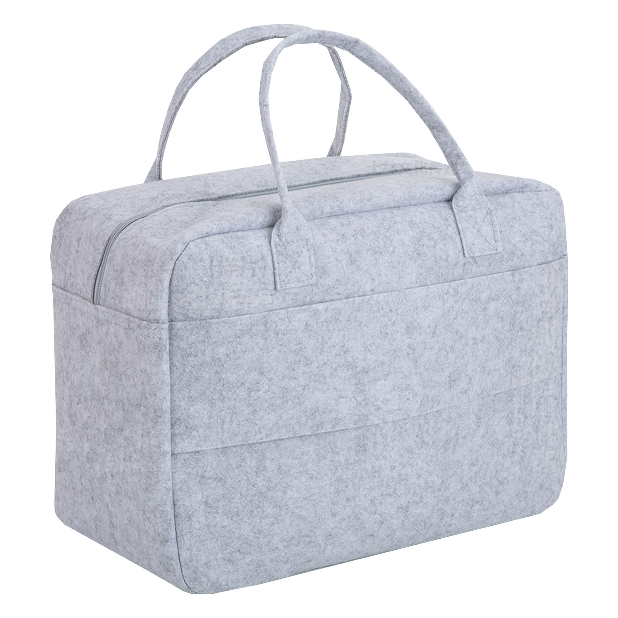 A grey felt travel bag with two handles and a zip closure, featuring a front pocket and a minimalistic design.