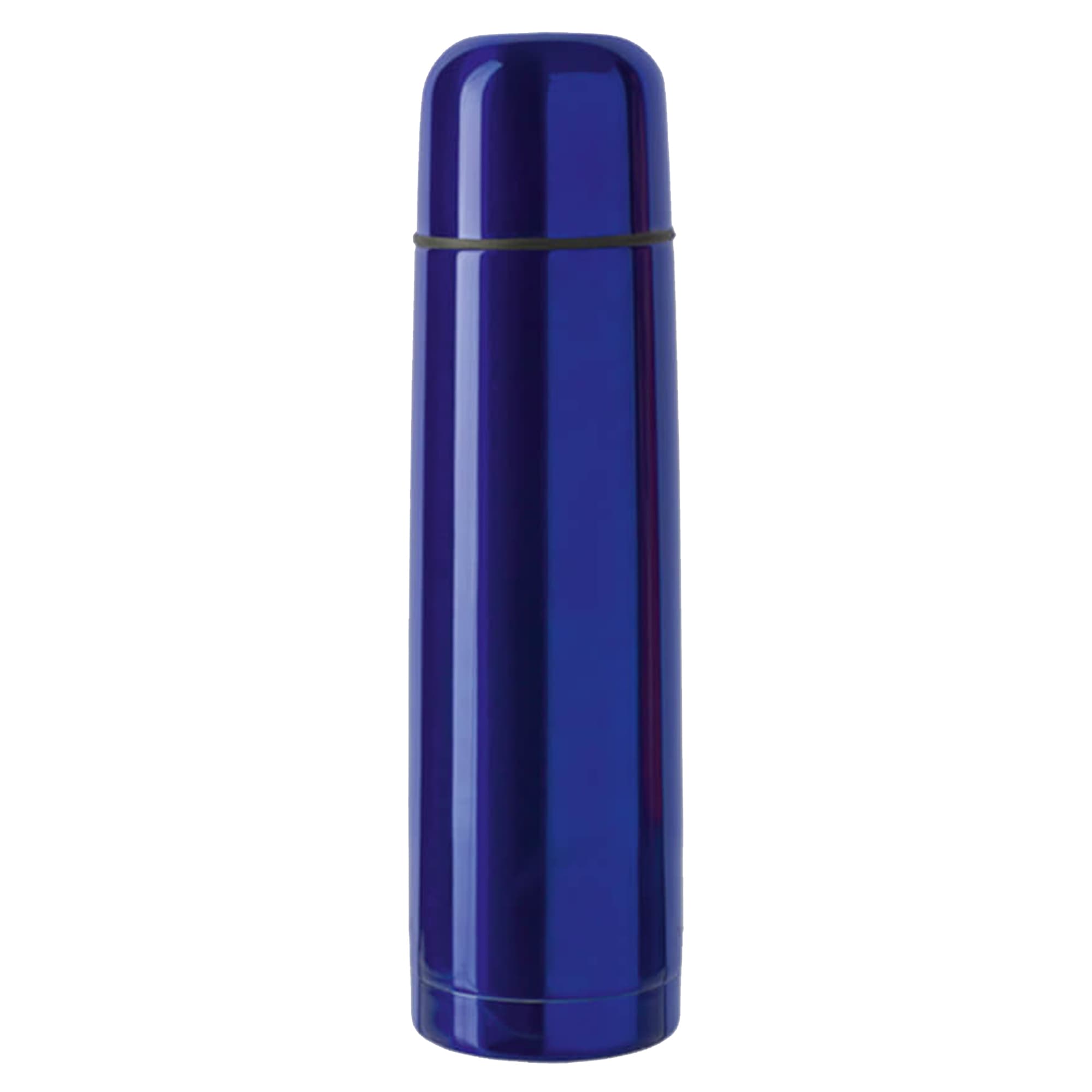A drink bottle in a glossy blue finish, resembling a tall, cylindrical thermos with a sleek design and a logo.