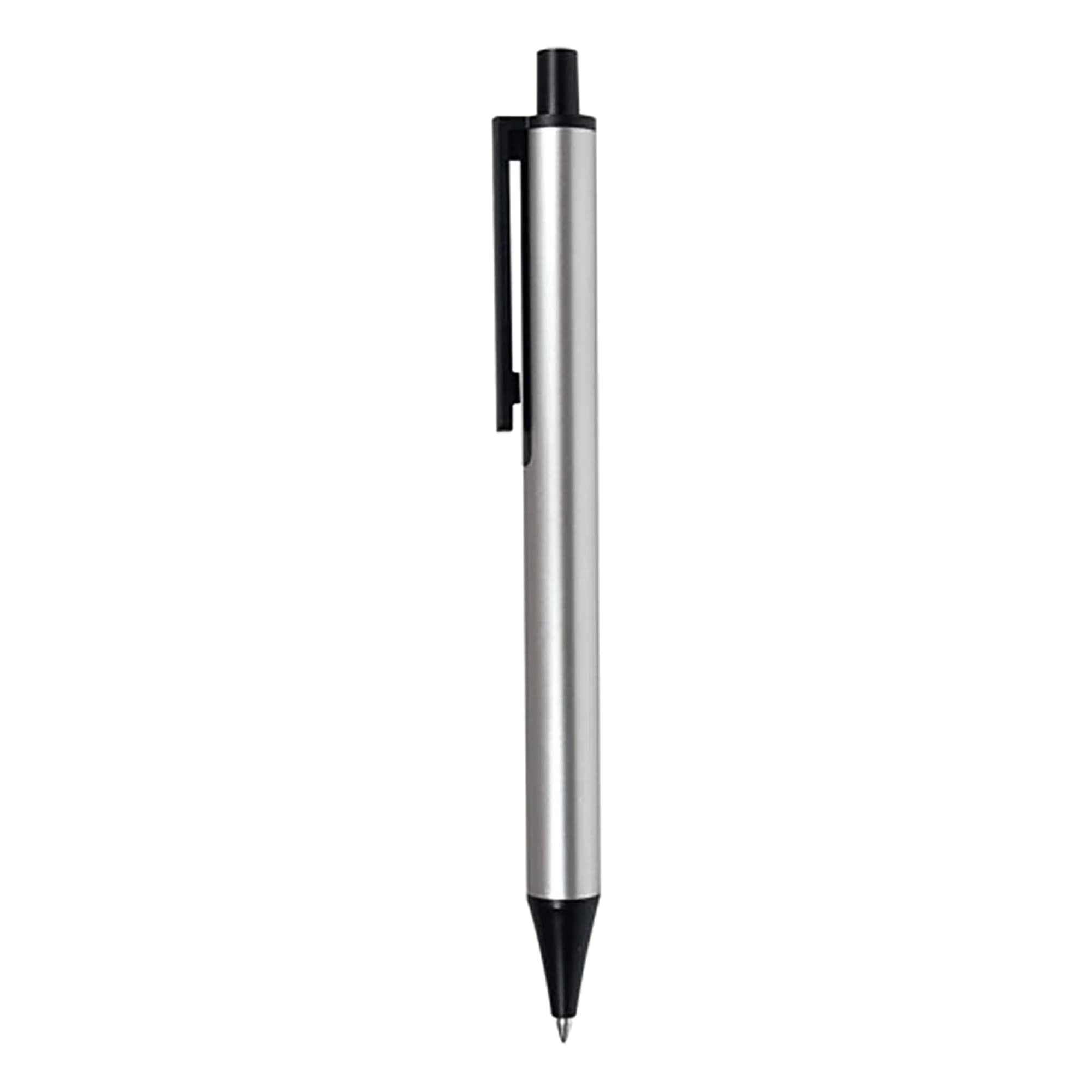 A metallic silver pen with a black clip and a black tip. The pen features a logo on its body.