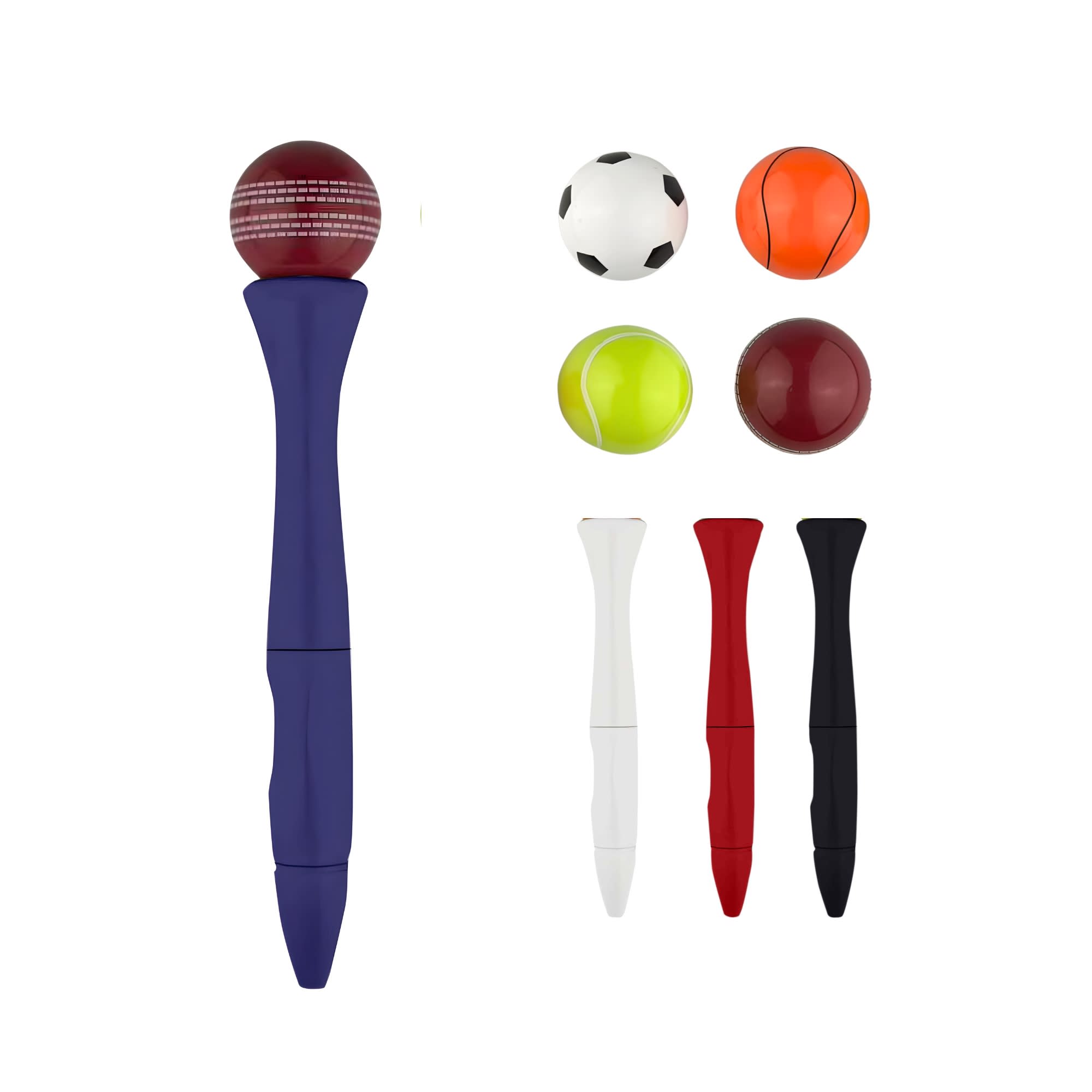 A fidget spinner pen in purple, featuring a cricket ball on top, alongside four small sport balls in various colours.