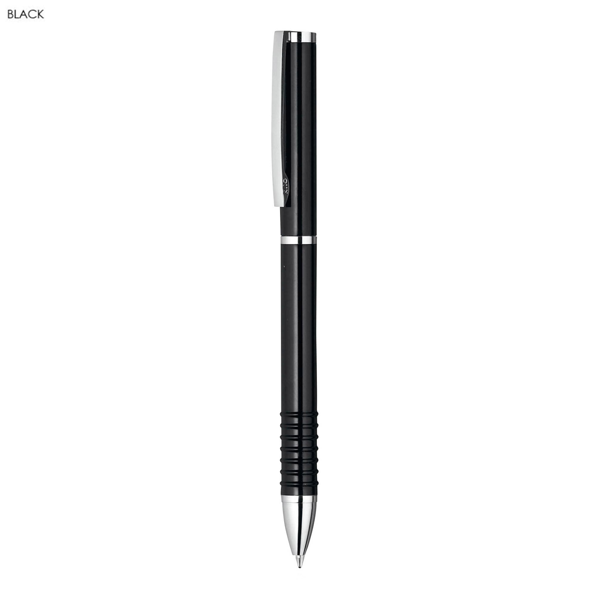 A black metal pen with a sleek design and a silver clip, featuring a textured grip. Branding is present on the pen.