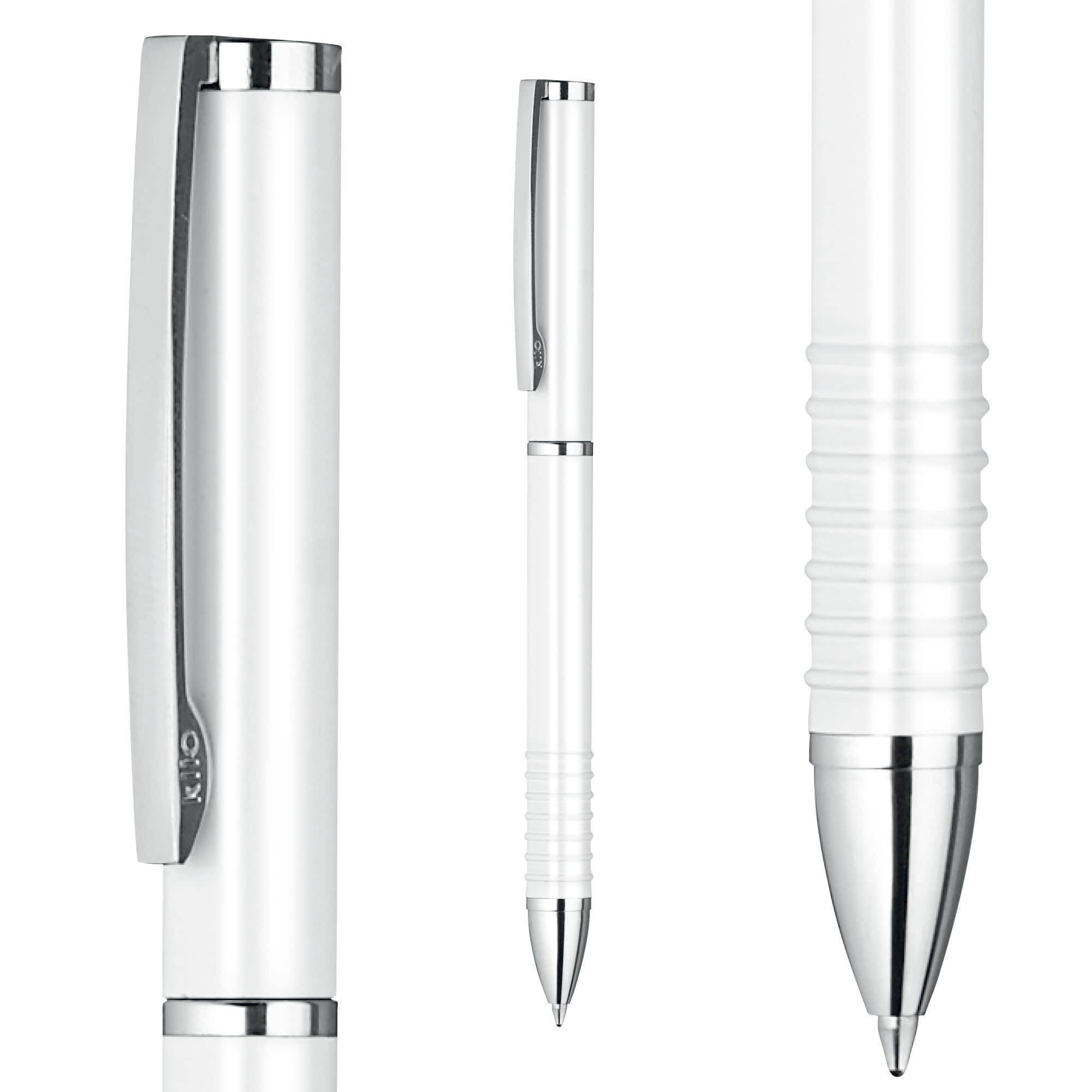 A white metal ball pen features a chrome clip and polished tip, showcasing a sleek and modern design with a textured grip.
