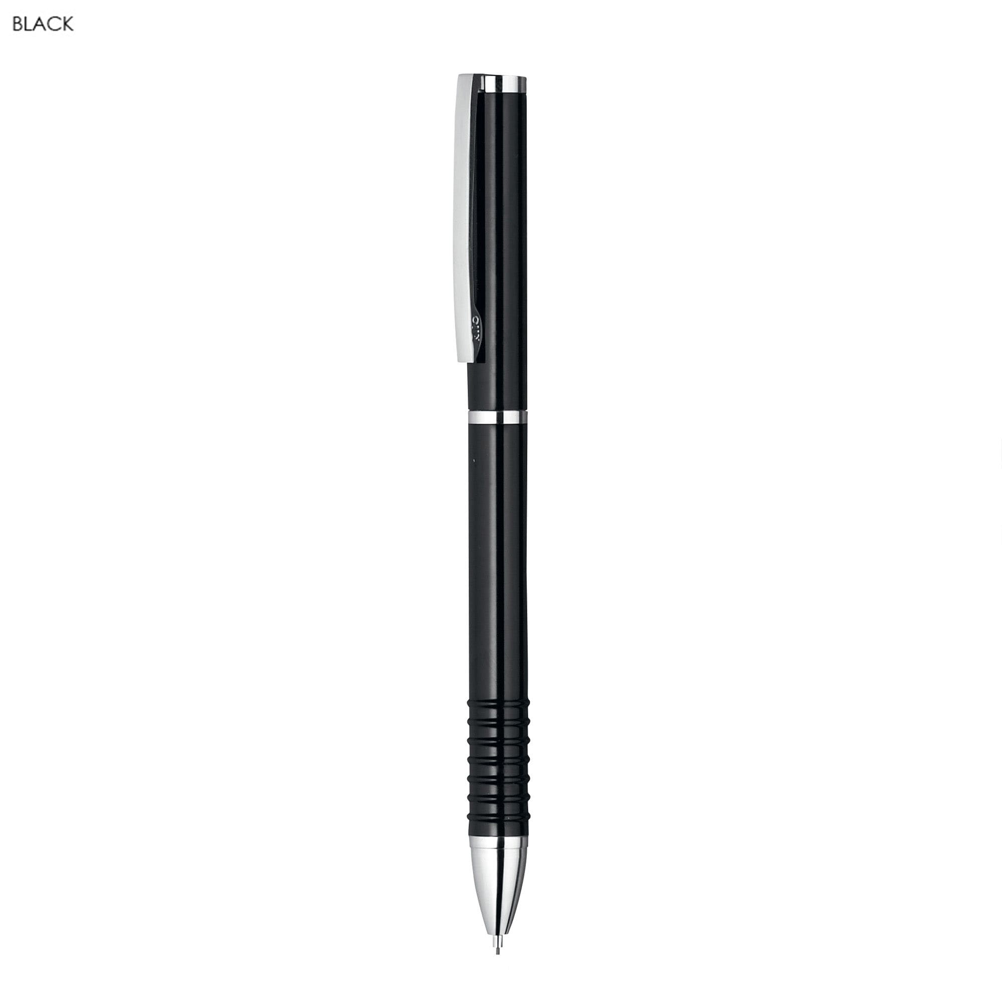A black writing pencil with a sleek design, featuring a grip and a clip. It has a logo on one side.