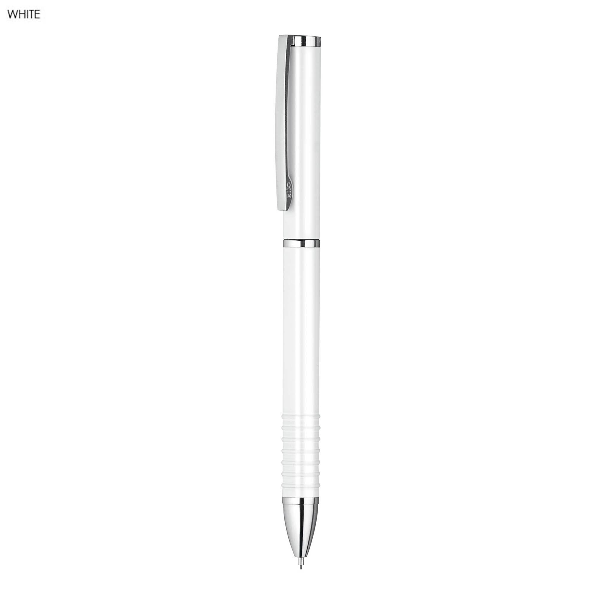 A white pen with a chrome clip and grip, featuring smooth lines and a modern design.