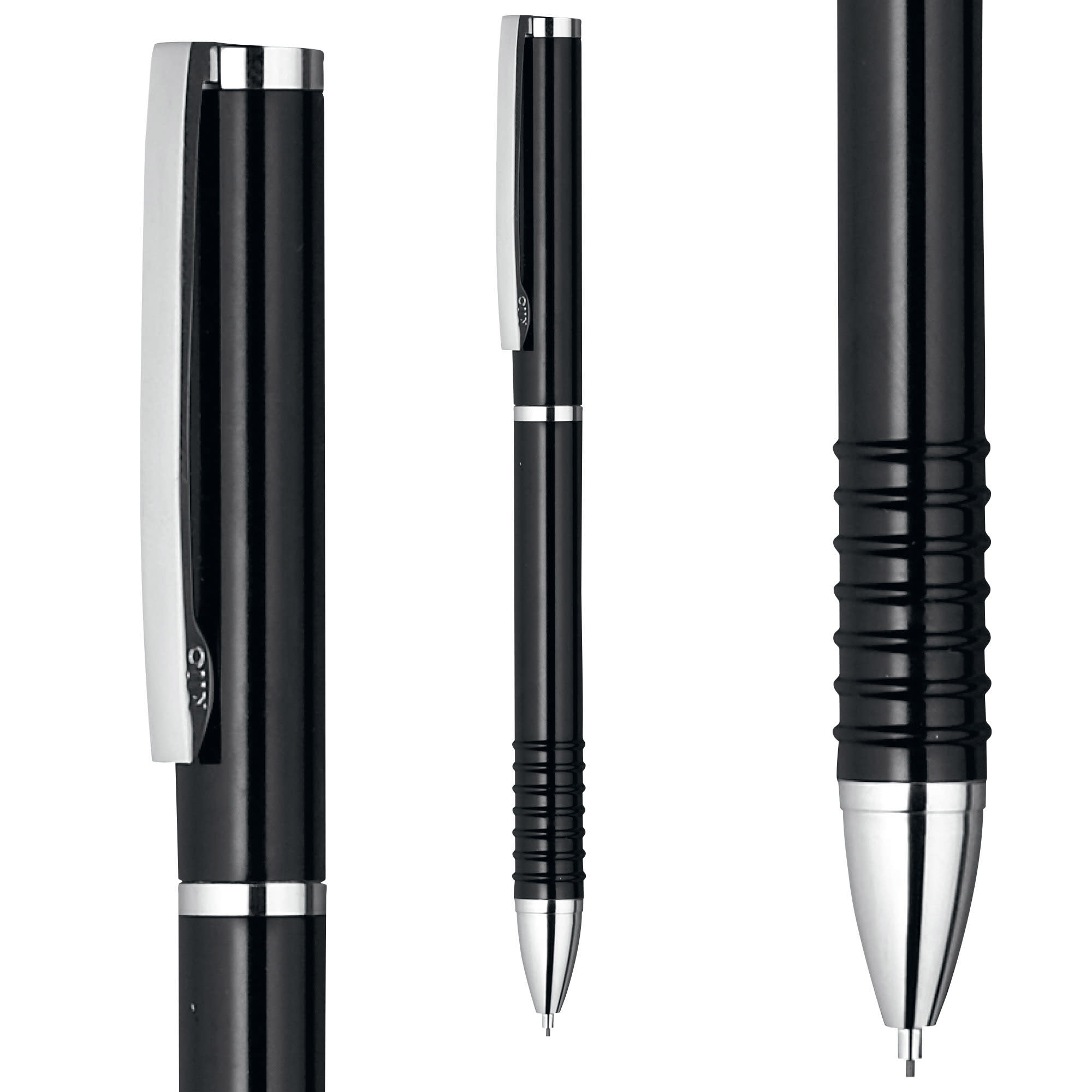 A black grey-lead pencil featuring chrome accents and a textured grip. The product has a logo on it.