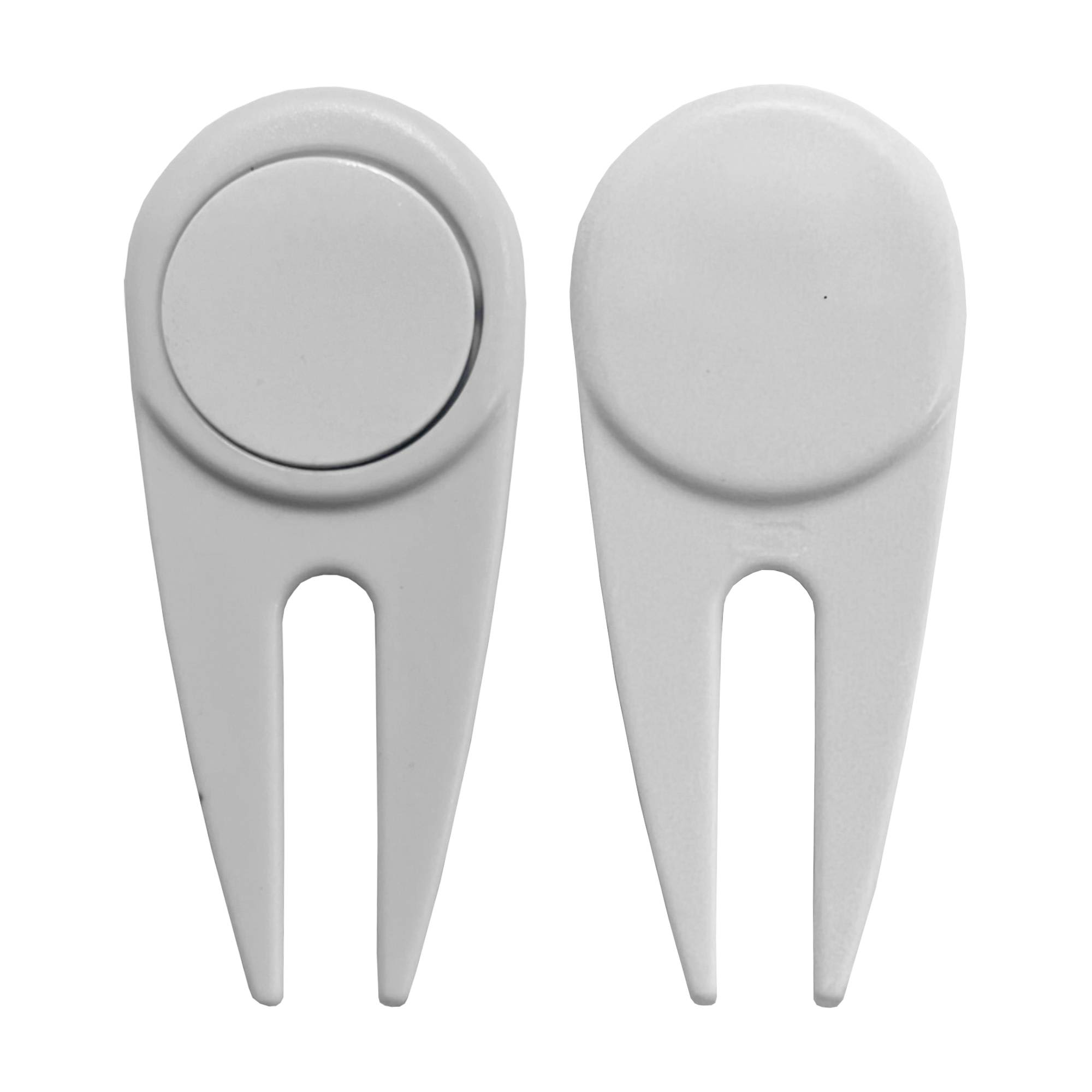 A white plastic golf divot repairer featuring a two-pronged design and a round top. It includes a logo.