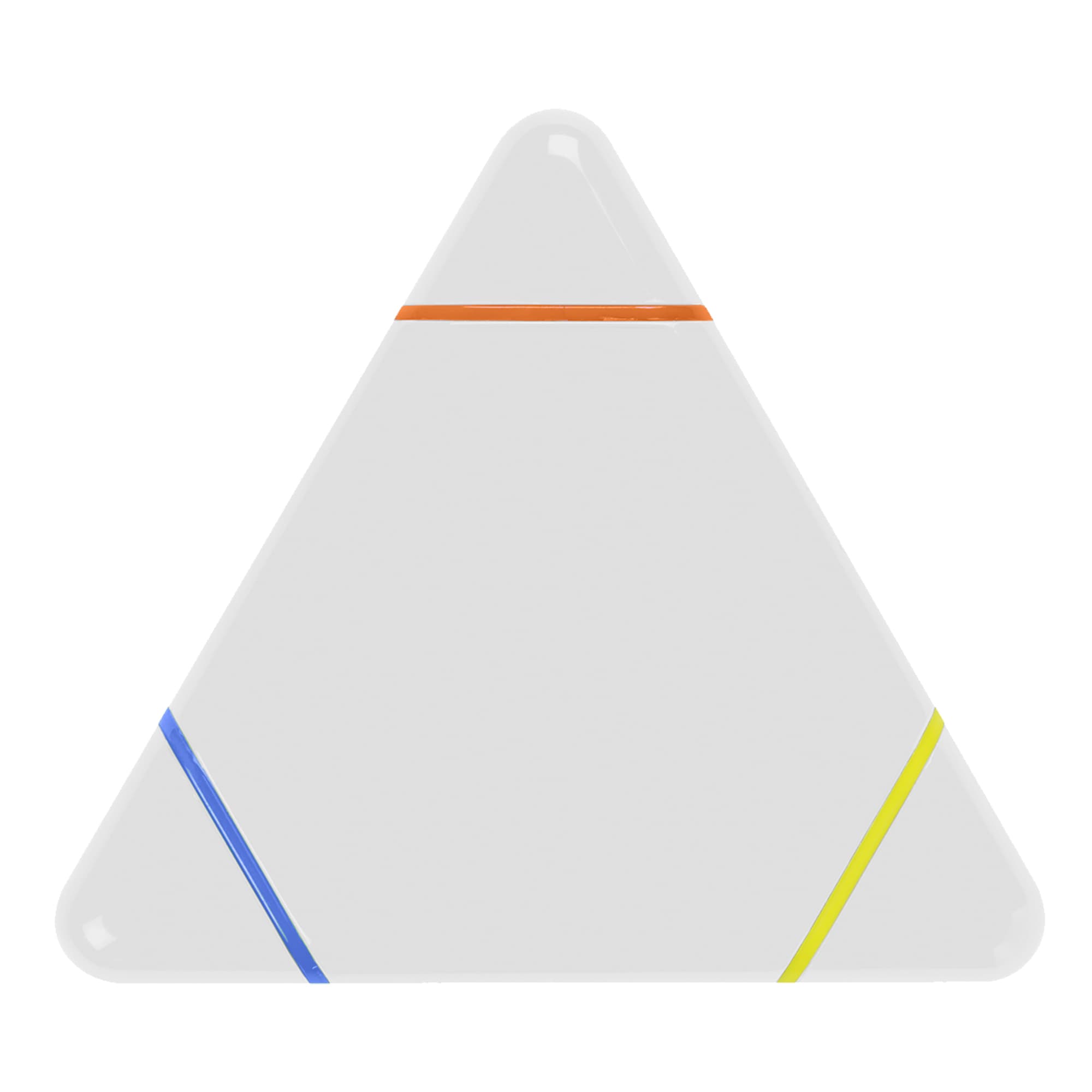 A triangular highlighter with orange, blue, and yellow accents on a white body. It has a logo on the surface.