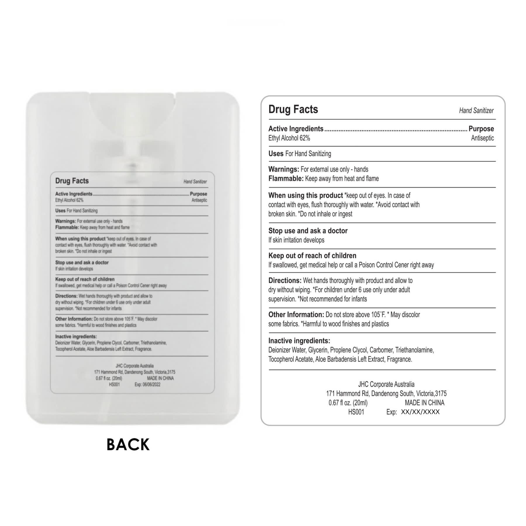 A clear 20ml hand sanitiser spray card with a white liquid inside, featuring a logo and detailed product information on the back.