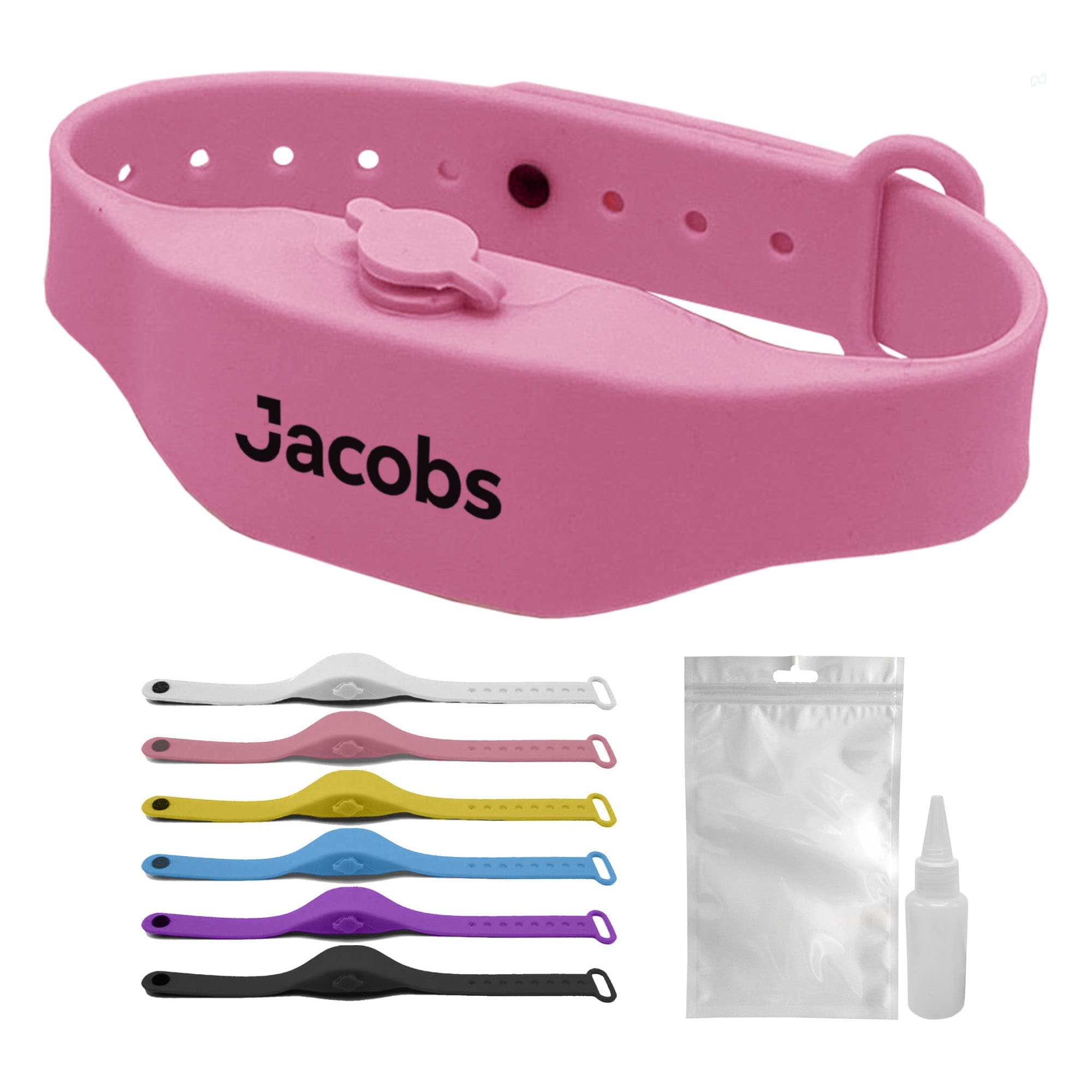 A pink wristband hand sanitiser dispenser with a logo, alongside a variety of coloured bands and a small bottle.
