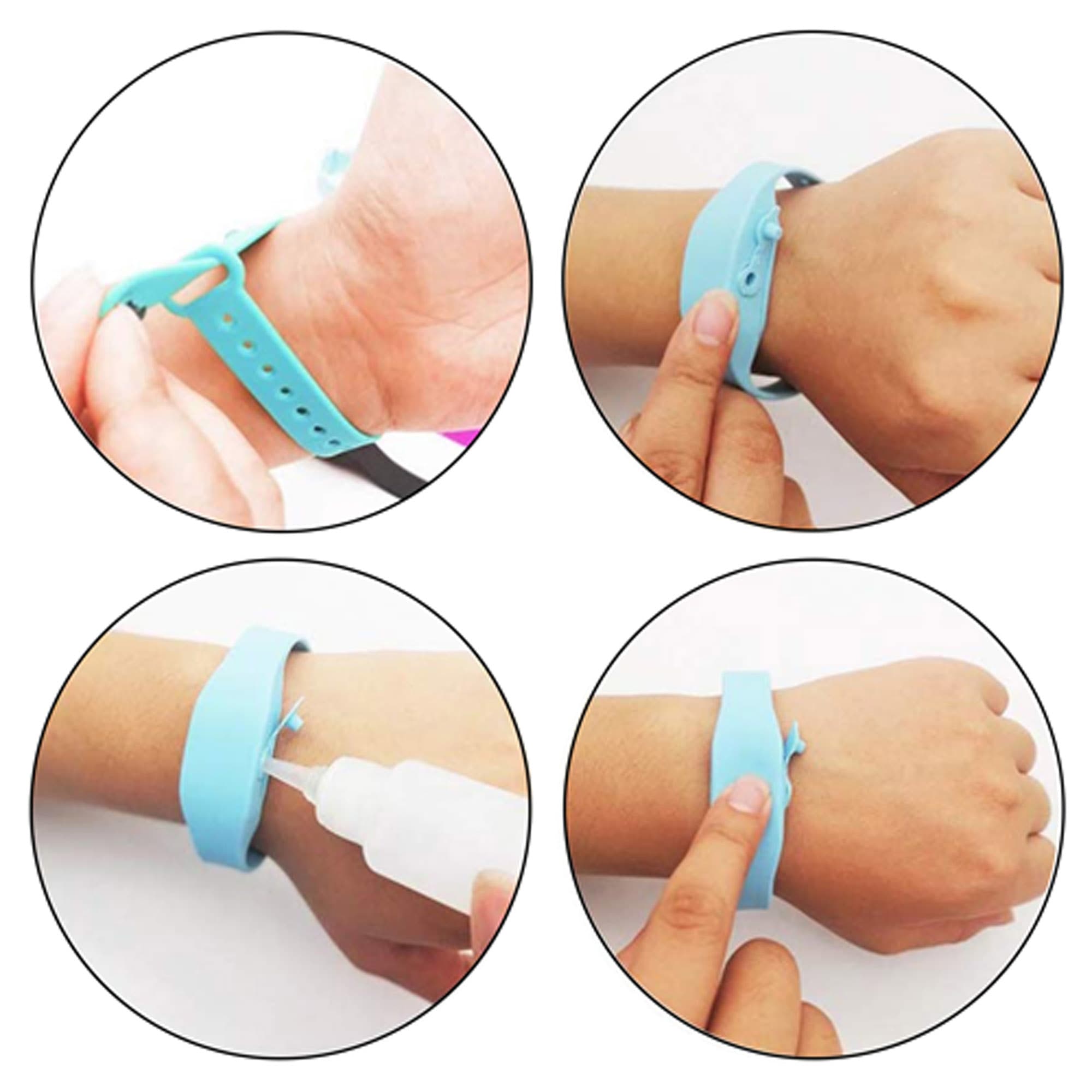 A blue wristband hand sanitiser dispenser, featuring a nozzle for dispensing sanitiser and adjustable strap for wear.