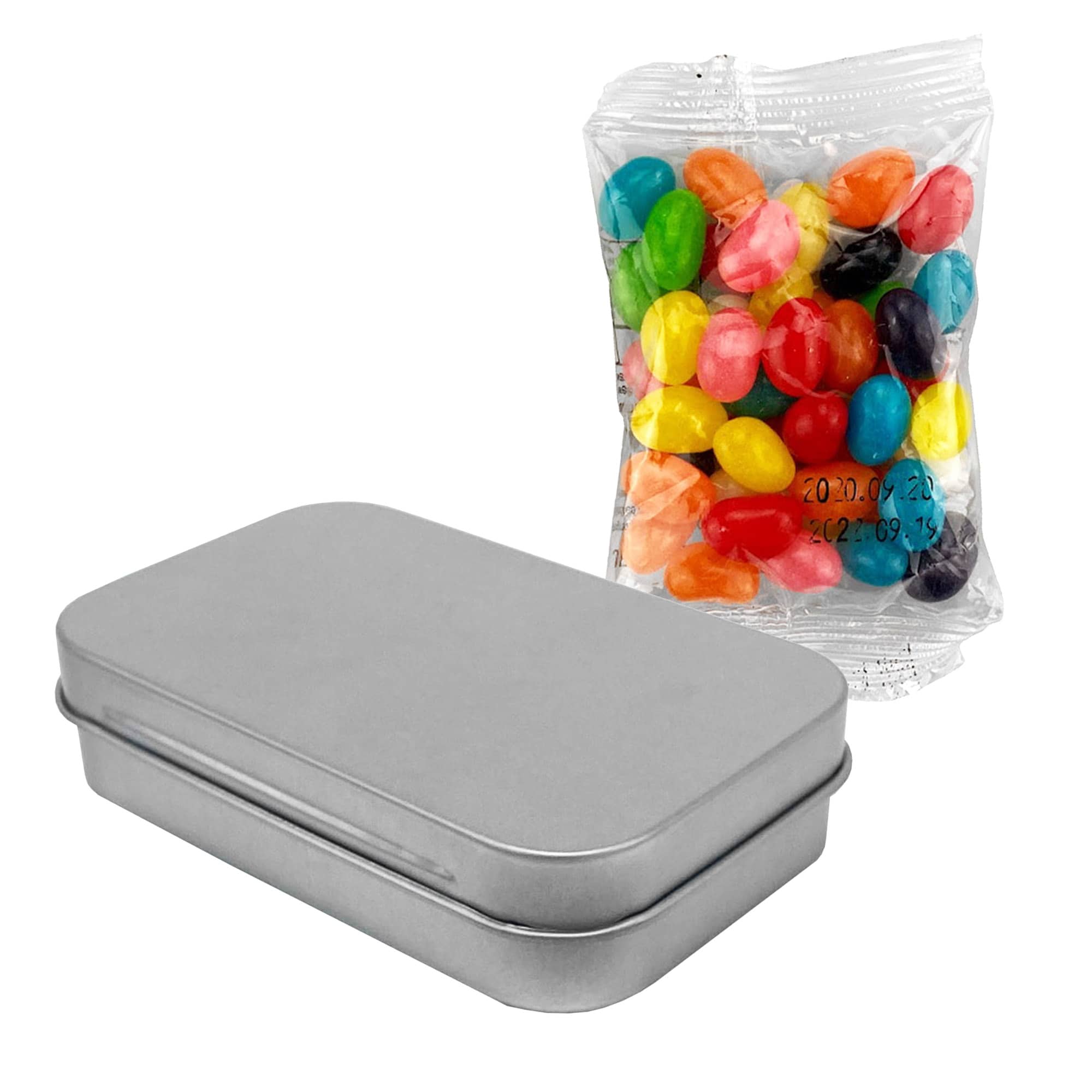 A metal tin with a clear bag of colourful jelly beans in various shades, including red, yellow, and green.