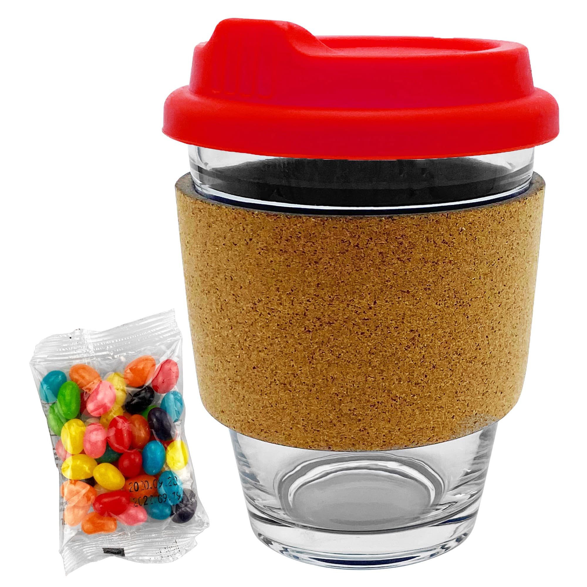 A glass coffee cup with a cork band and a red lid, accompanied by a pack of colourful jelly beans.